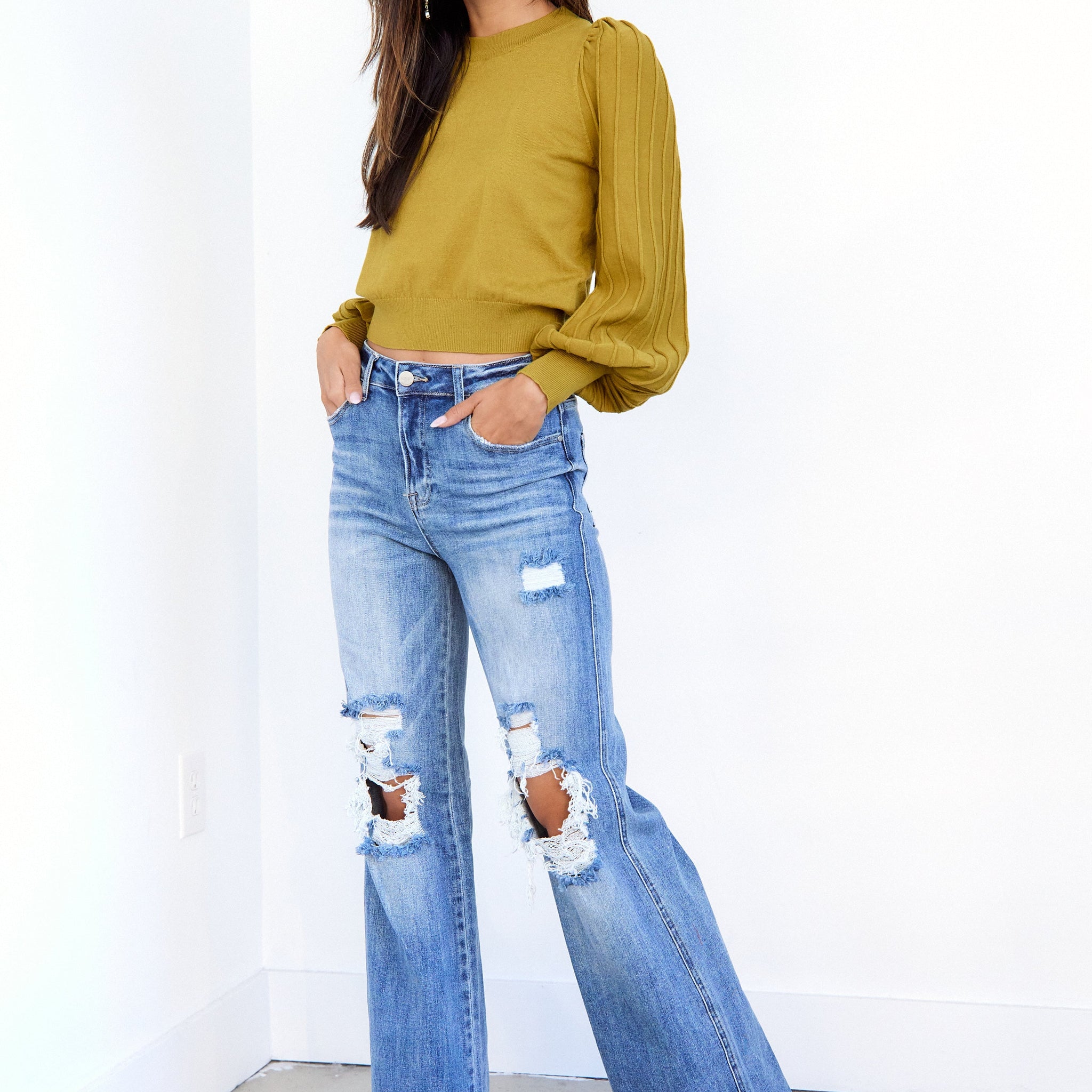 Penny Distressed Raw Hem Flare Jeans