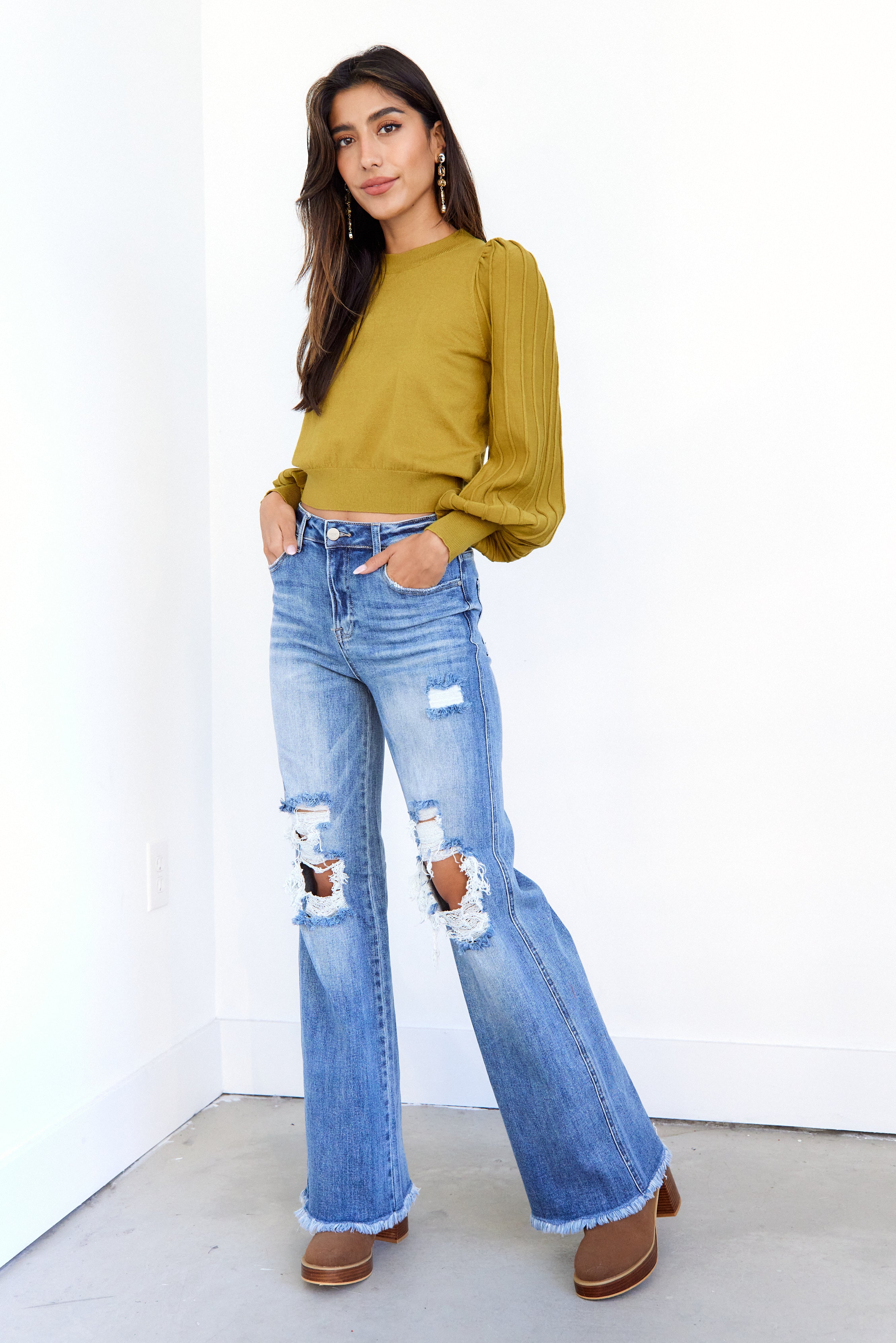 Penny Distressed Raw Hem Flare Jeans