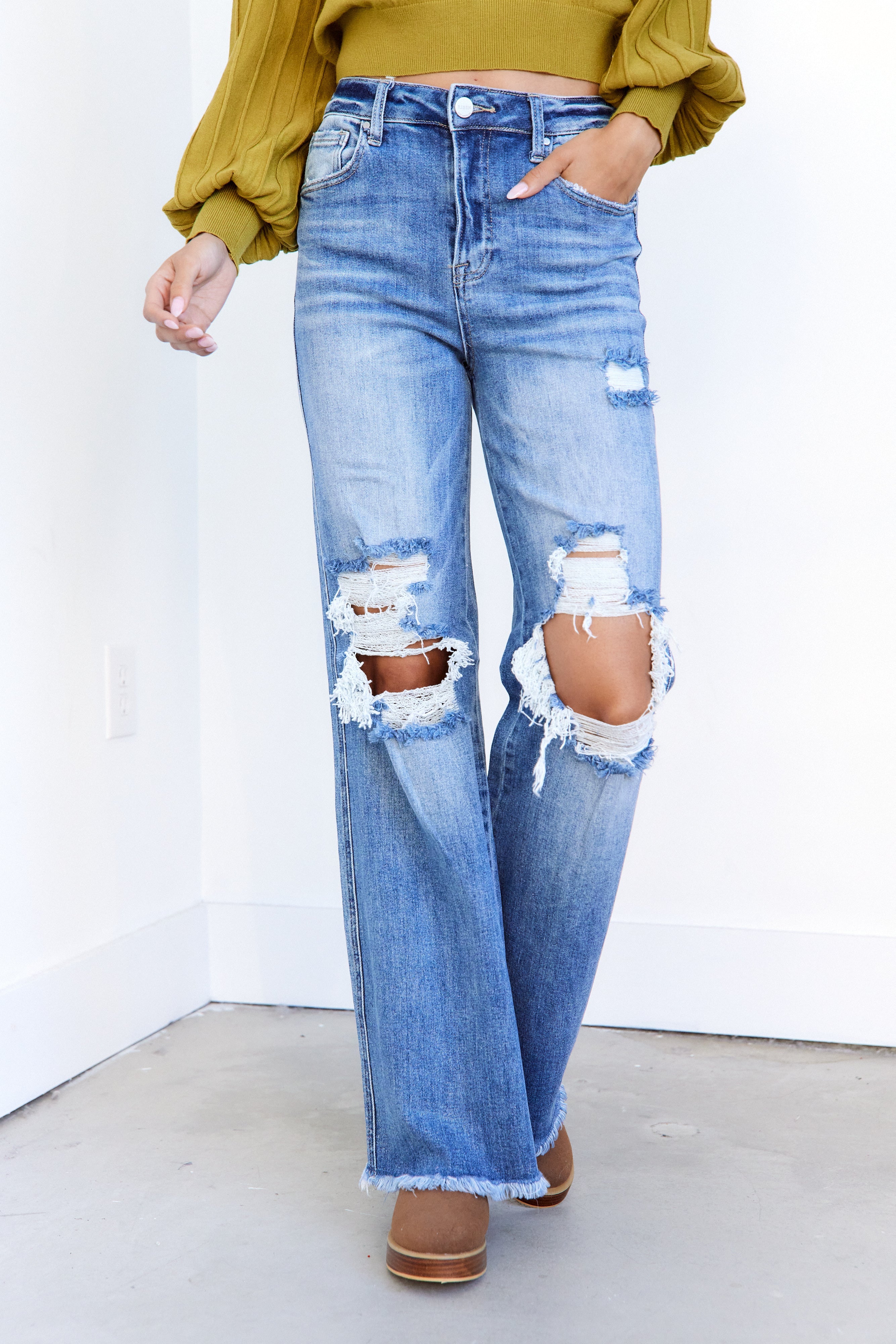 Penny Distressed Raw Hem Flare Jeans