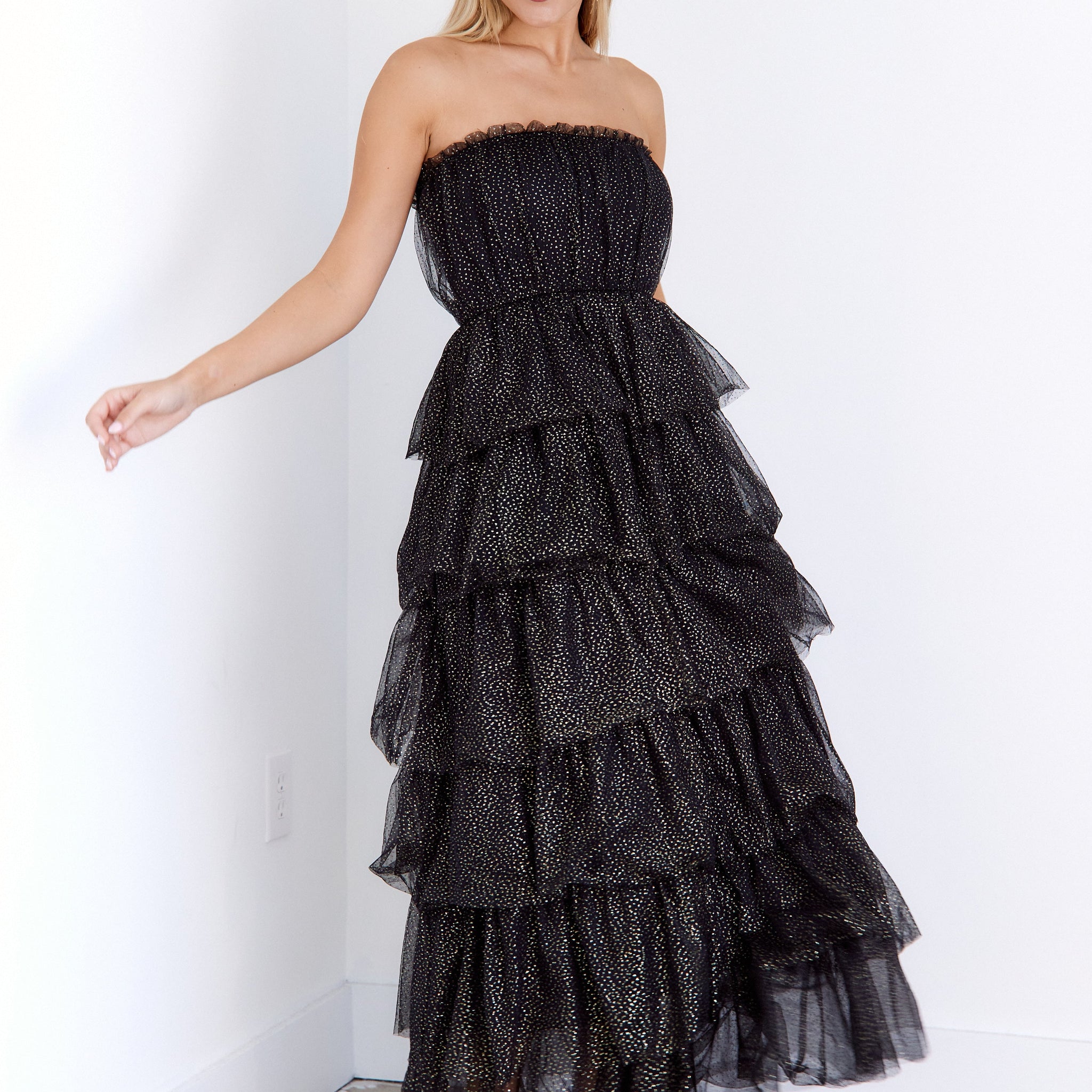 SALE - Porsha Tiered Gold Dot Tulle Dress