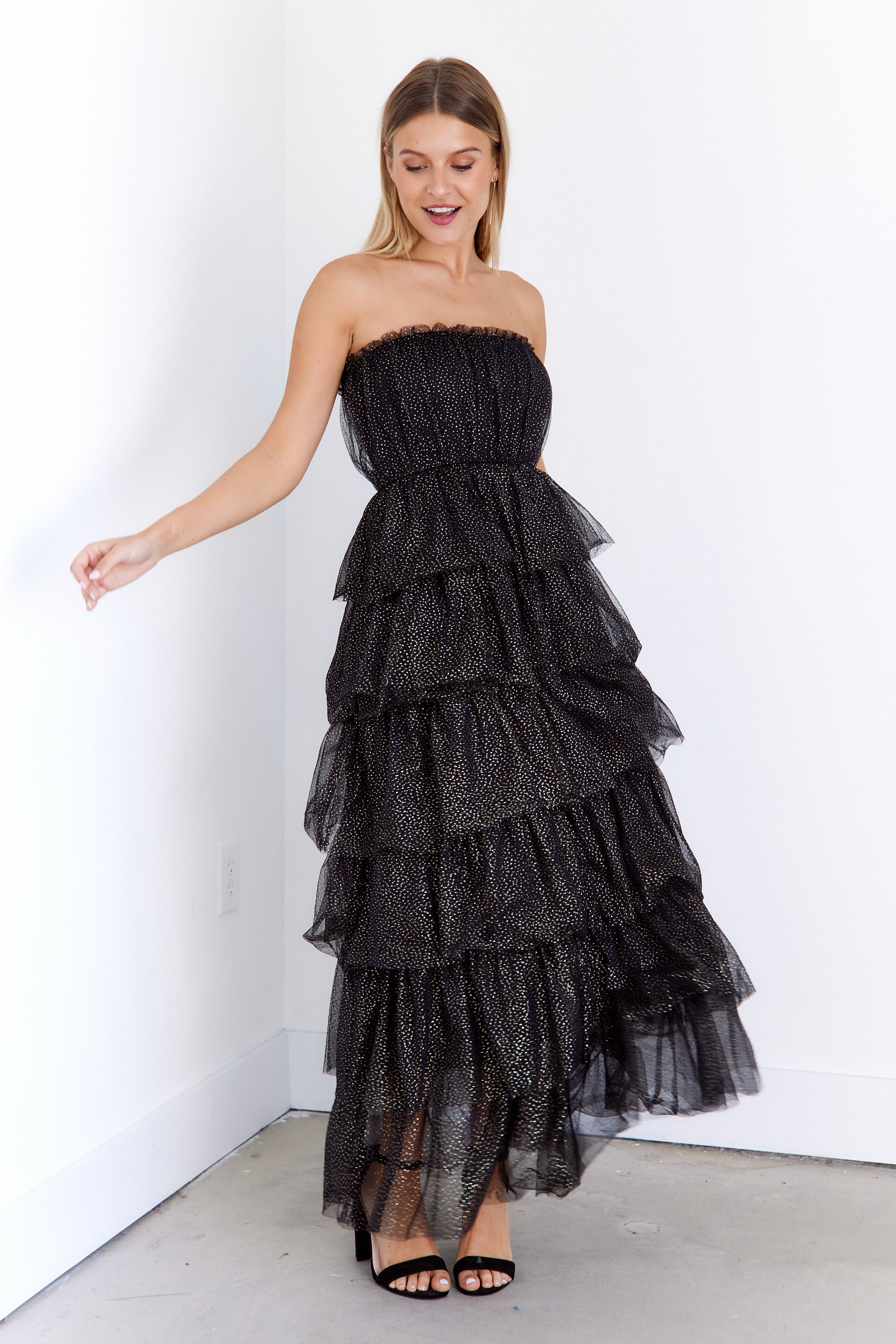 SALE - Porsha Tiered Gold Dot Tulle Dress
