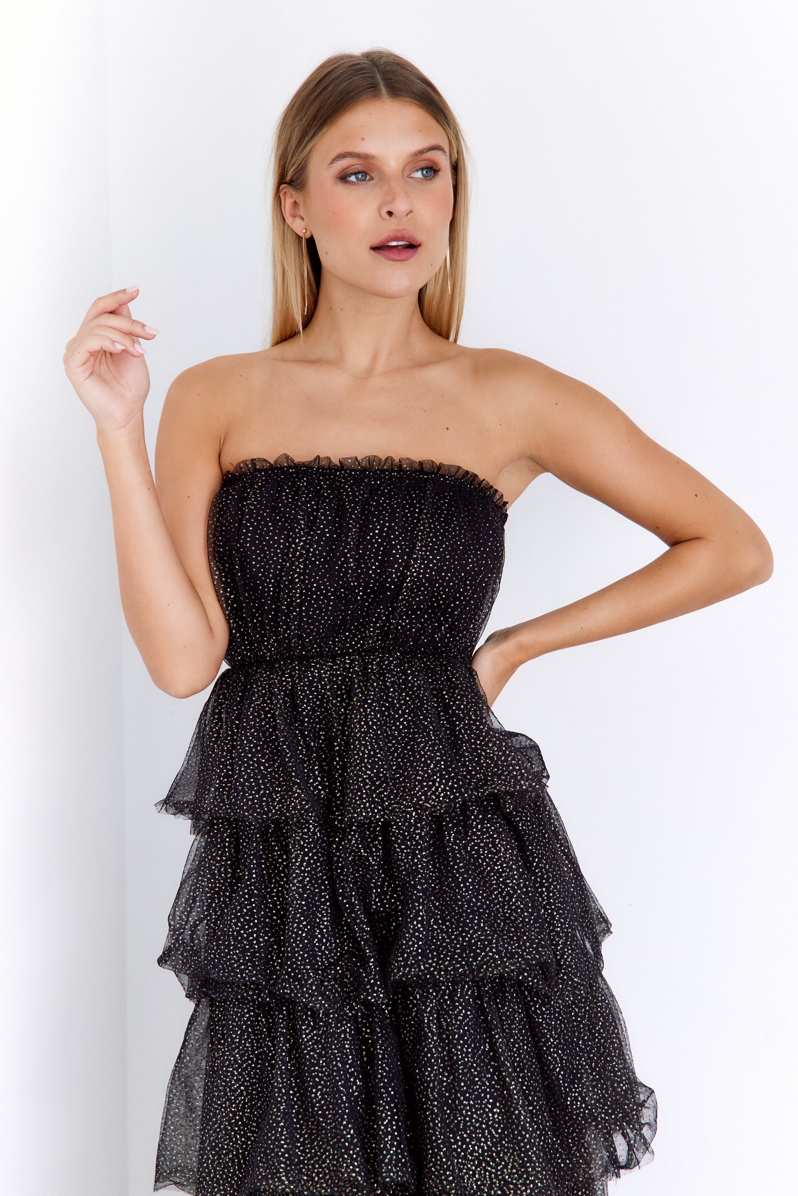 SALE - Porsha Tiered Gold Dot Tulle Dress