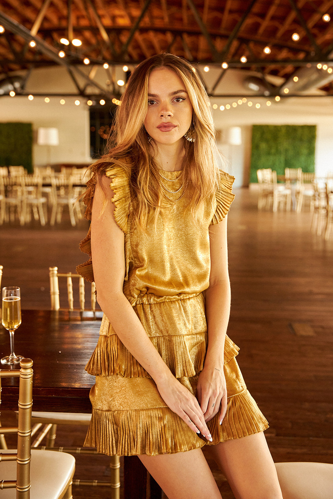 Codi Pleated Detail Metallic Dress