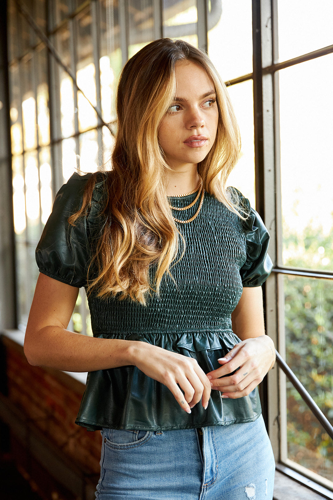 Marley Faux Leather Smocked Blouse