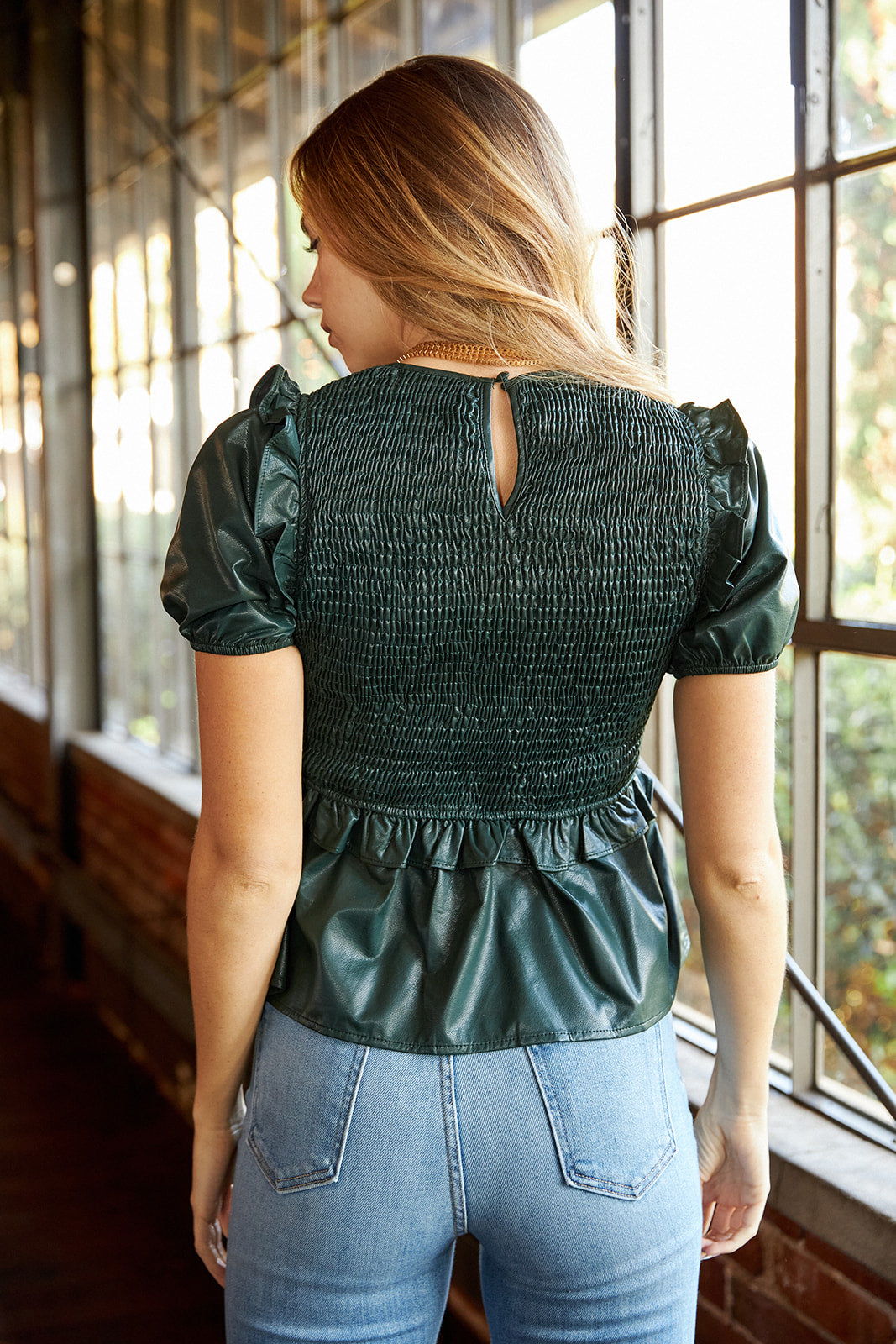 Marley Faux Leather Smocked Blouse