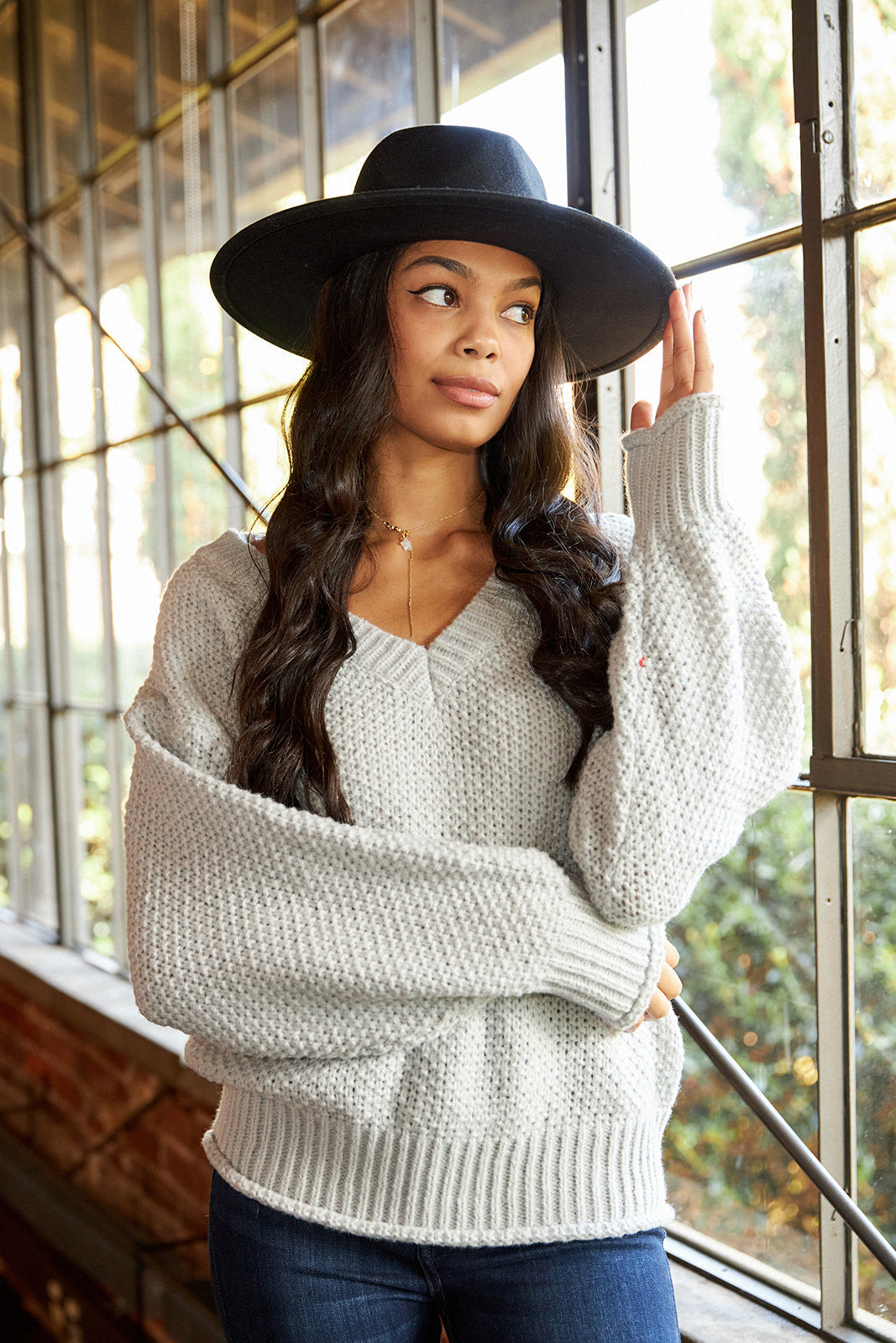 Kelsea V Neck Ribbed Hem Sweater