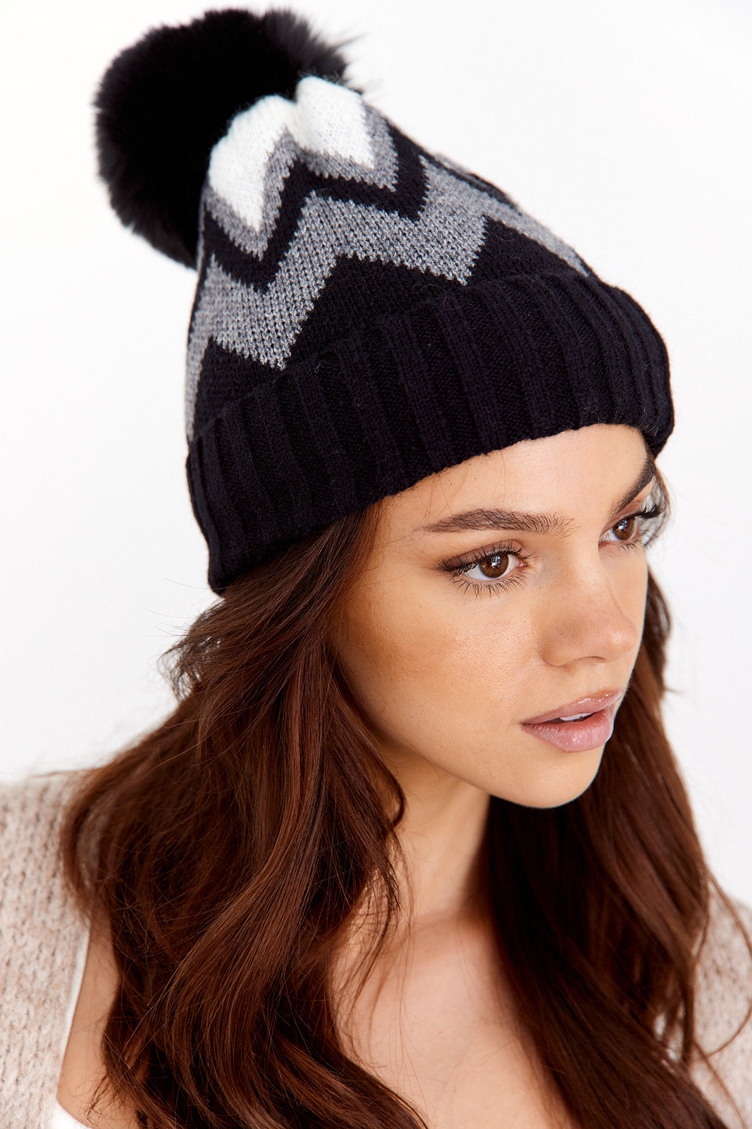 SALE - Kerri Sherpa Lined Pom Pom Chevron Beanie