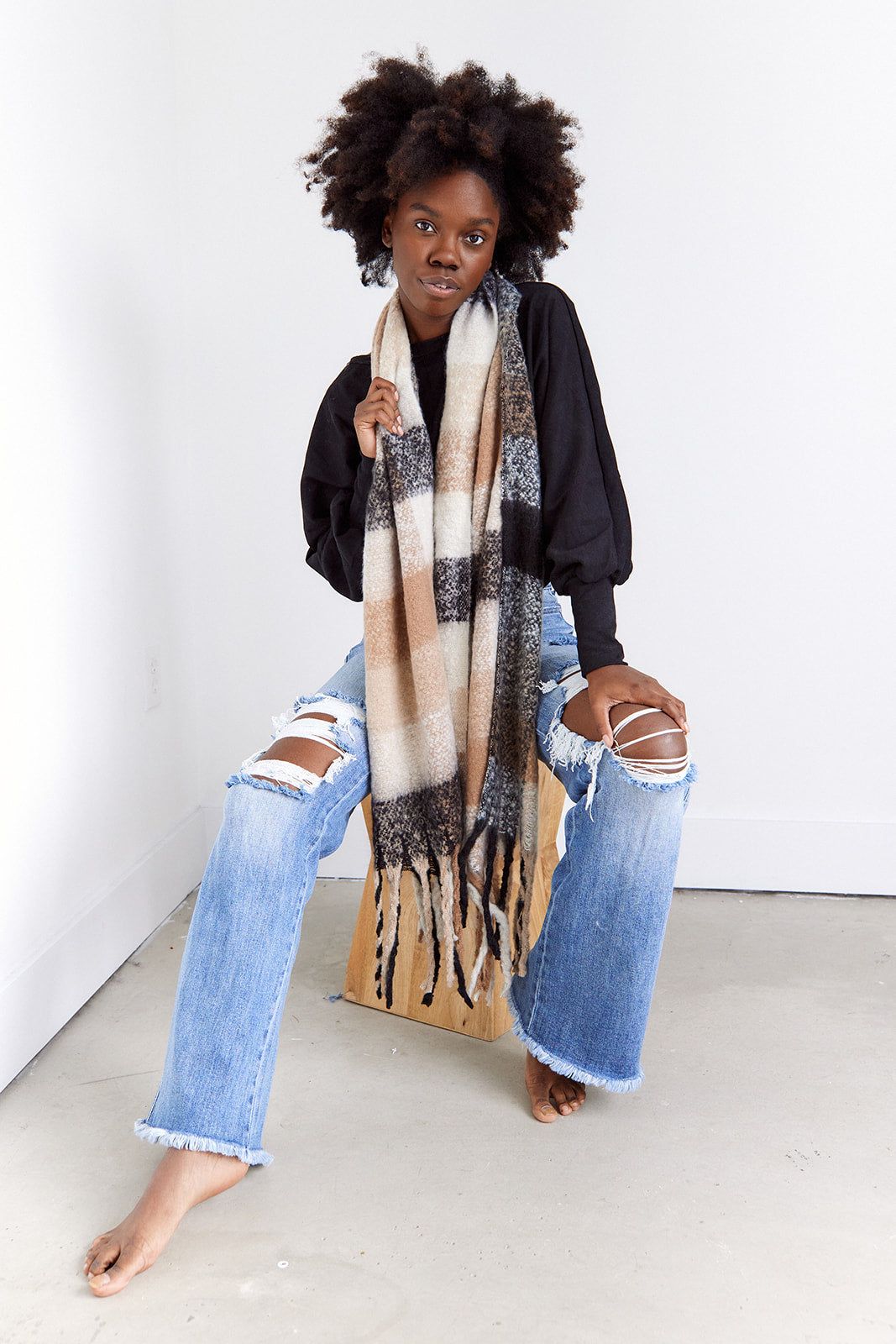 Myra Super Soft Plaid Fringe Scarf