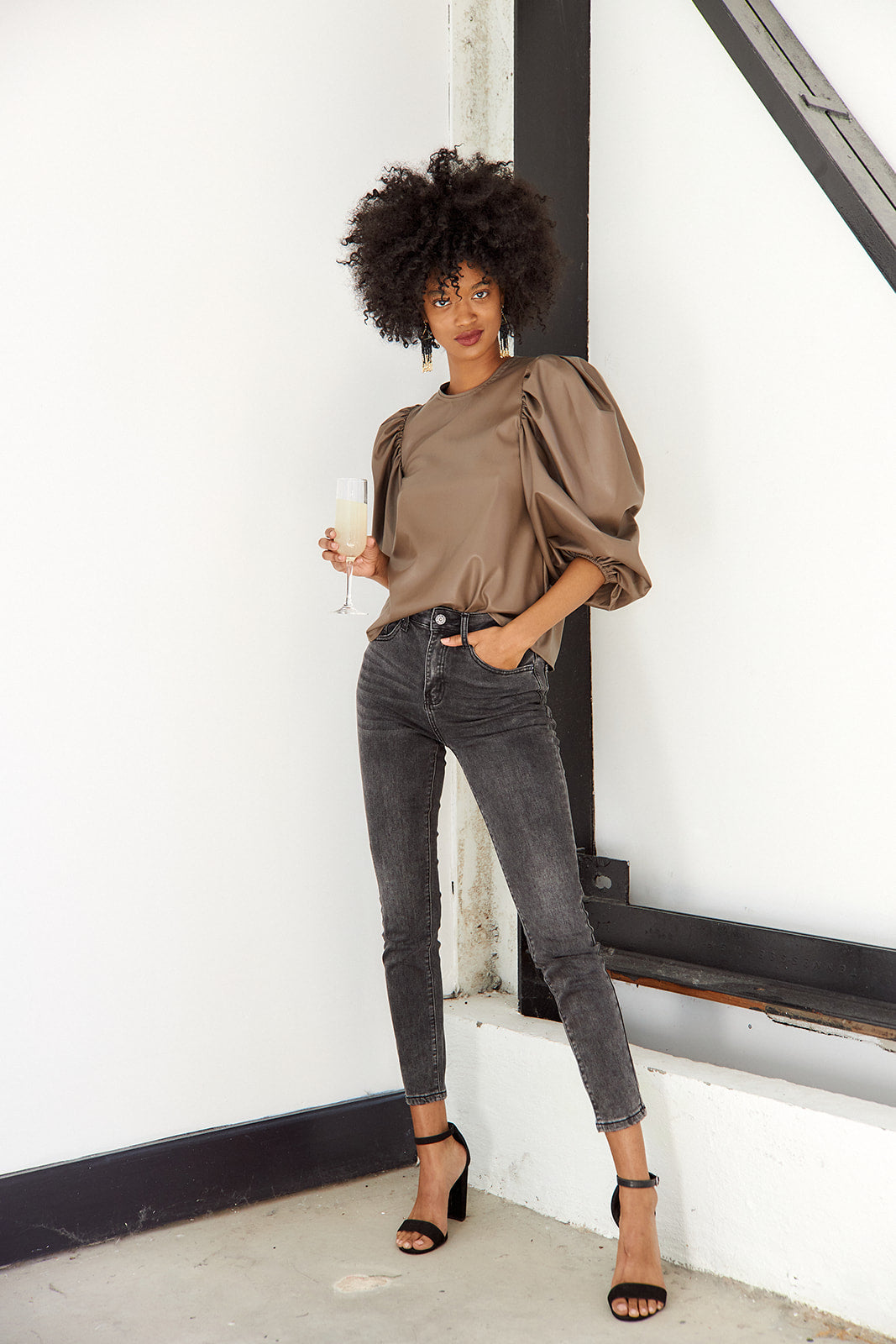 Sybil Faux Leather Puff Sleeve Blouse