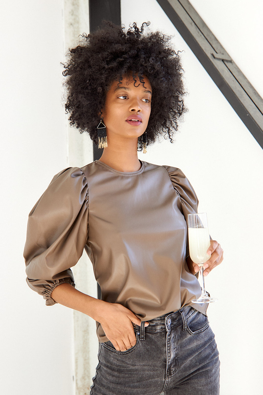 Sybil Faux Leather Puff Sleeve Blouse