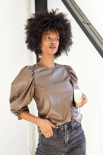 Sybil Faux Leather Puff Sleeve Blouse