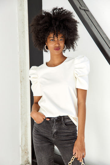 Monteign Faux Leather Short Sleeve Blouse