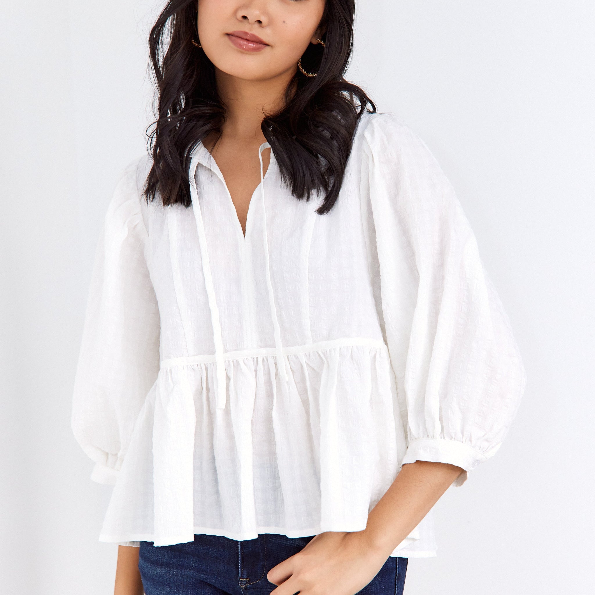 SALE - Alexandra Textured Woven Bubble Sleeve Top