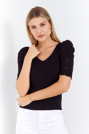 SALE - Gail Puff Crochet Sleeve Sweater