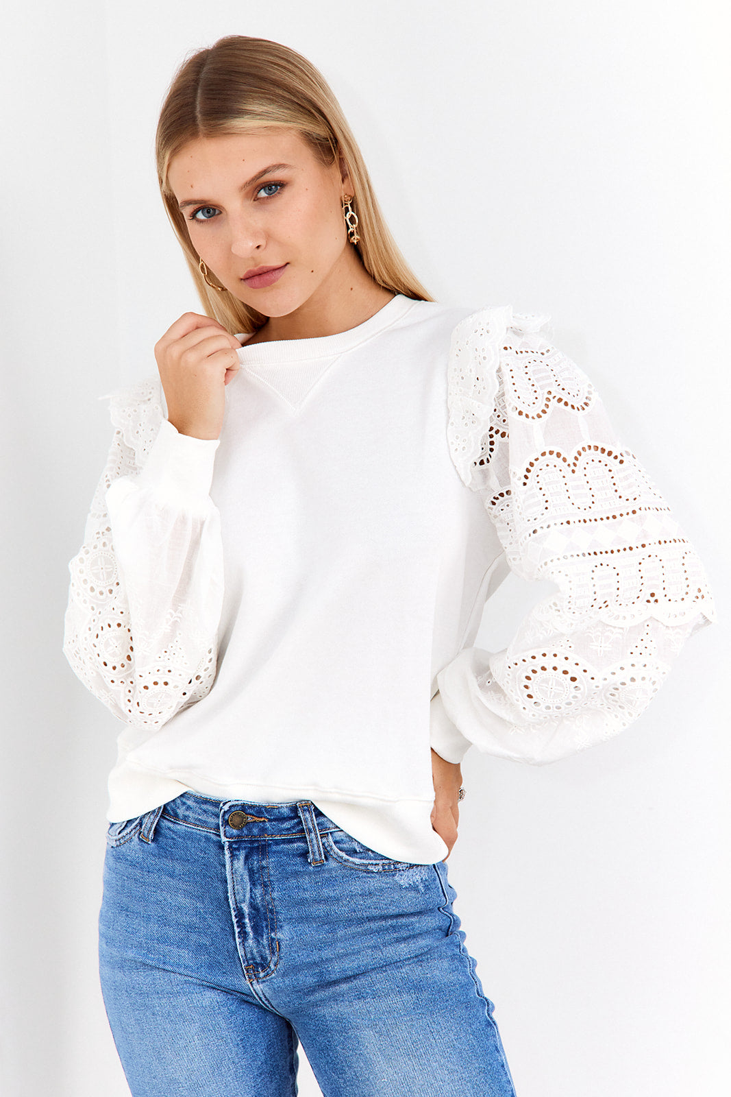Eyelet Sleeve Crew Neck Pullover