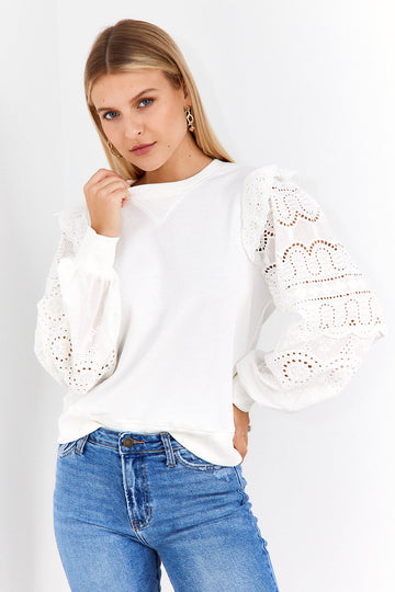 Eyelet Sleeve Crew Neck Pullover