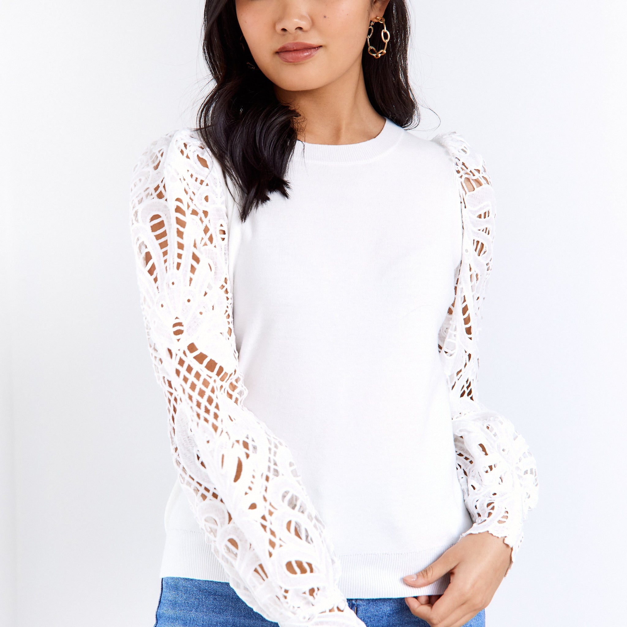 SALE - Parker Lace Sleeve Crew Neck Sweater