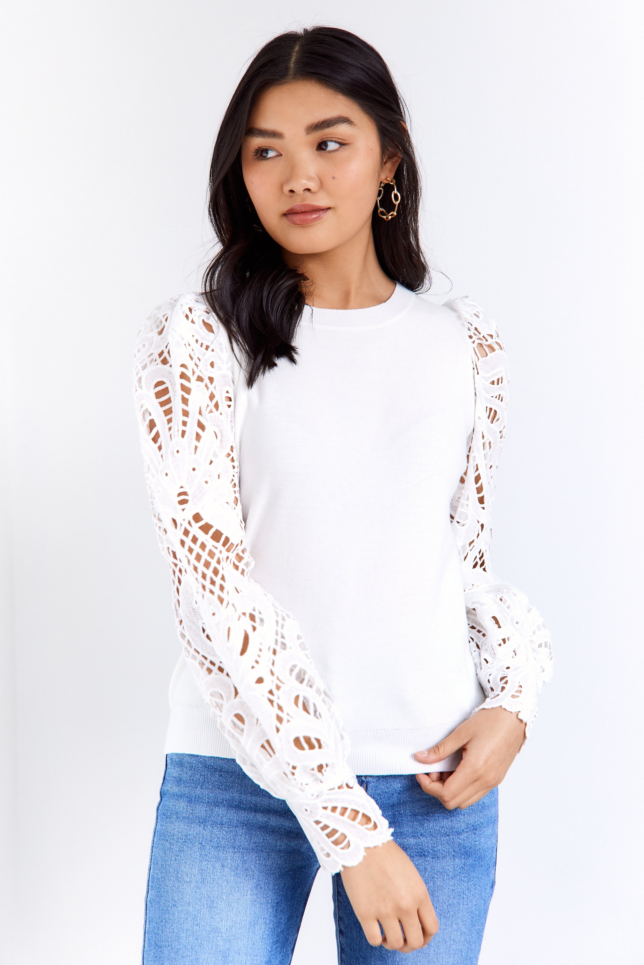 SALE - Parker Lace Sleeve Crew Neck Sweater