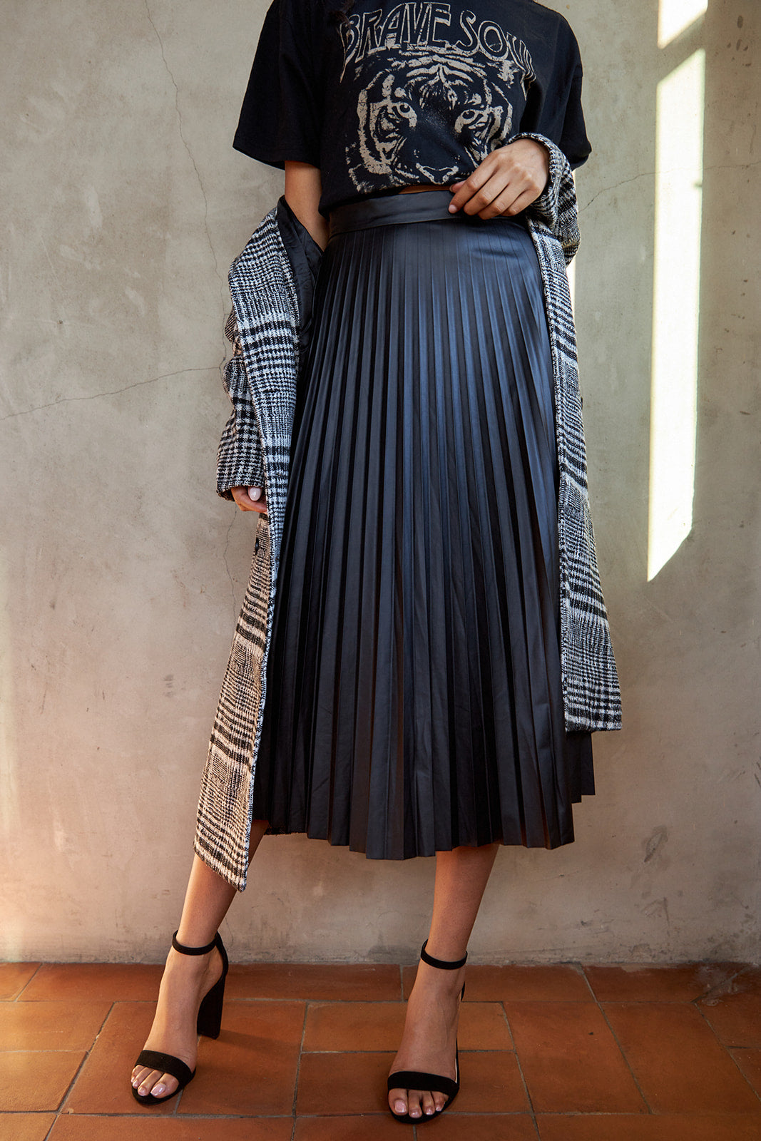 Abby Faux Leather Pleated Midi Skirt
