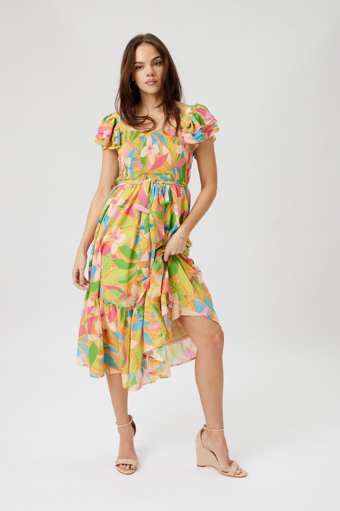 SALE - Olivia Printed Smocked Bodice Midi Dress