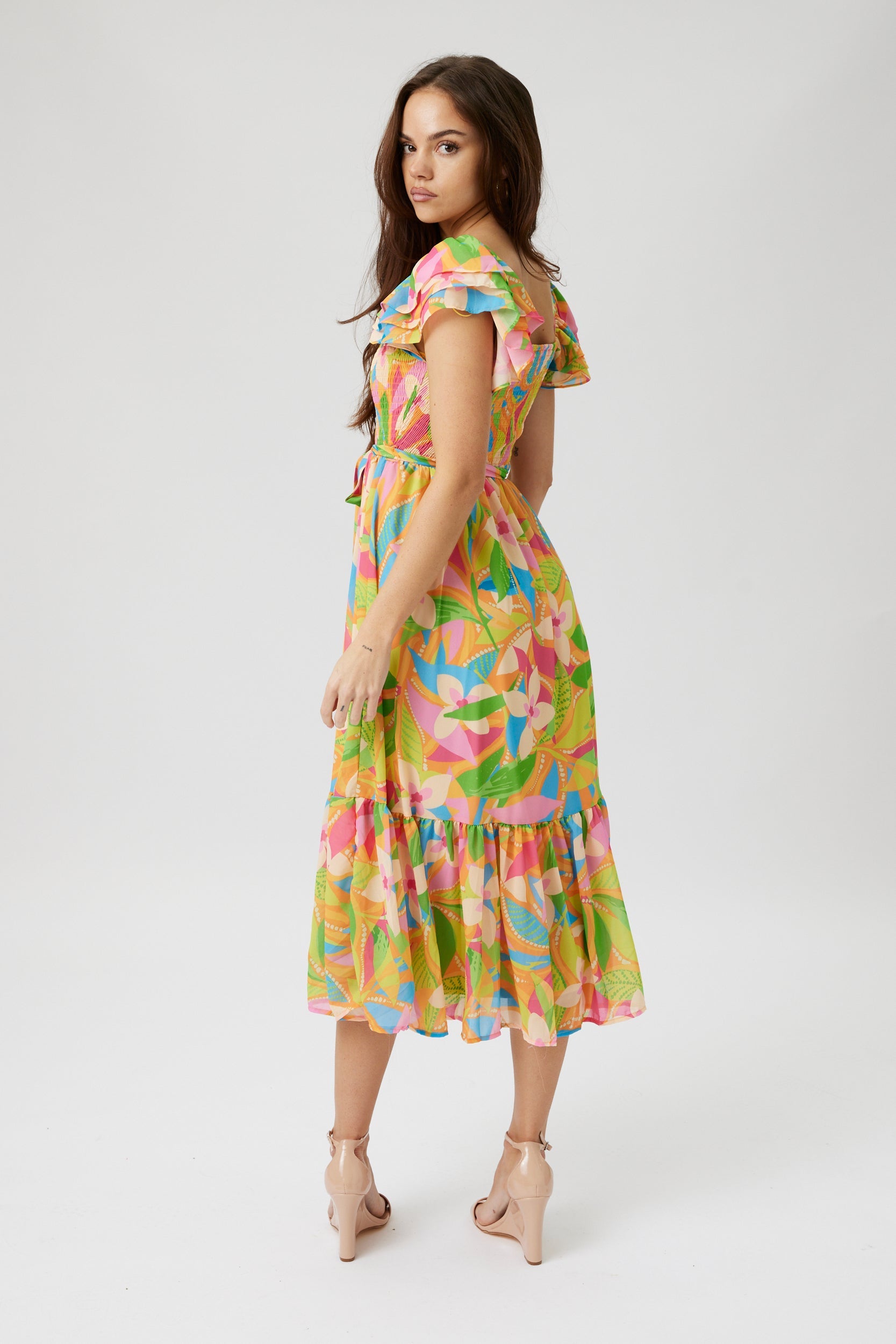 SALE - Olivia Printed Smocked Bodice Midi Dress