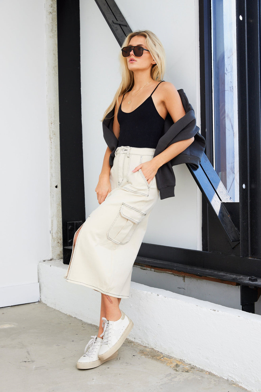 SALE - Monty Washed Stretch Denim Cargo Midi Skirt