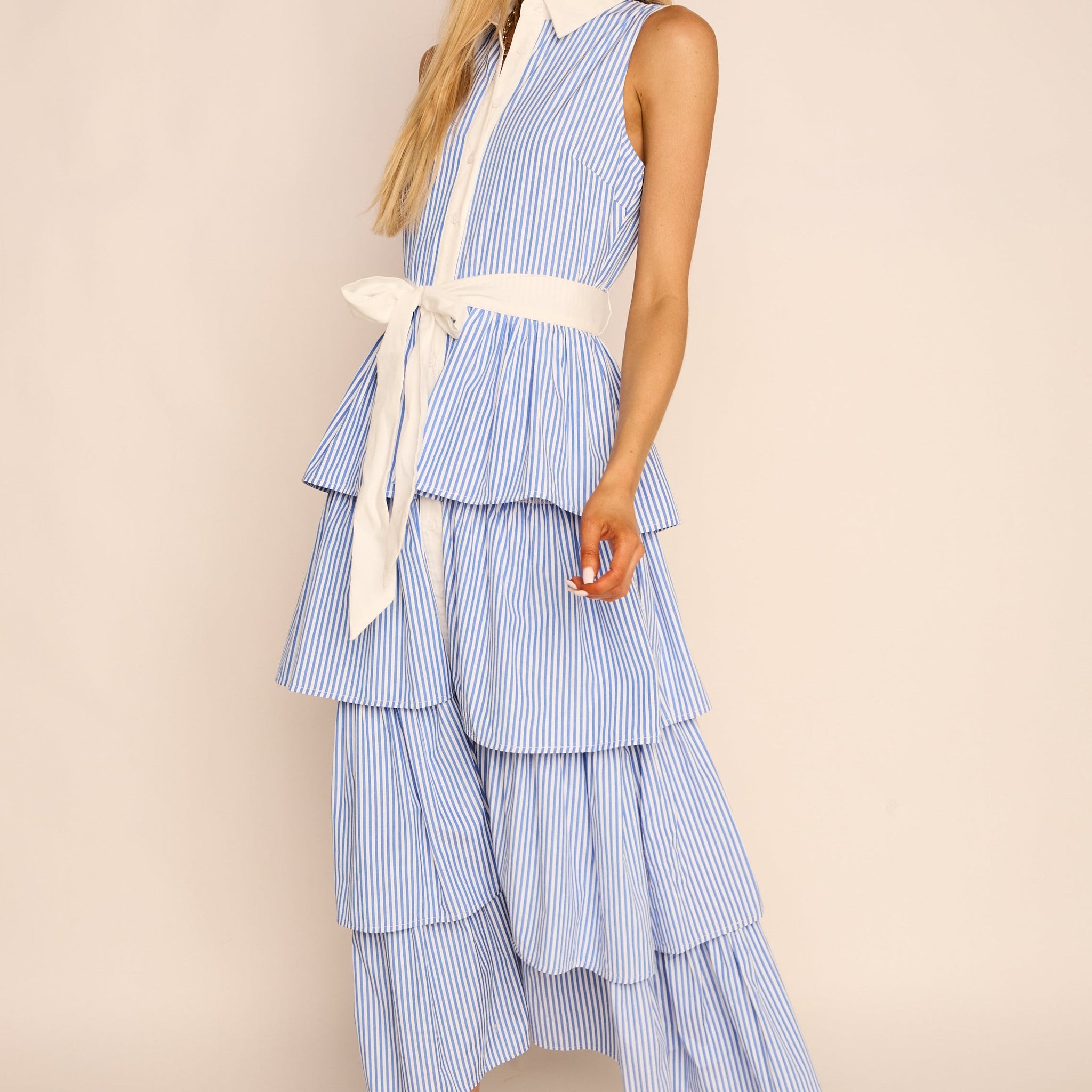 Emily Collared Pleated Stripe Dress