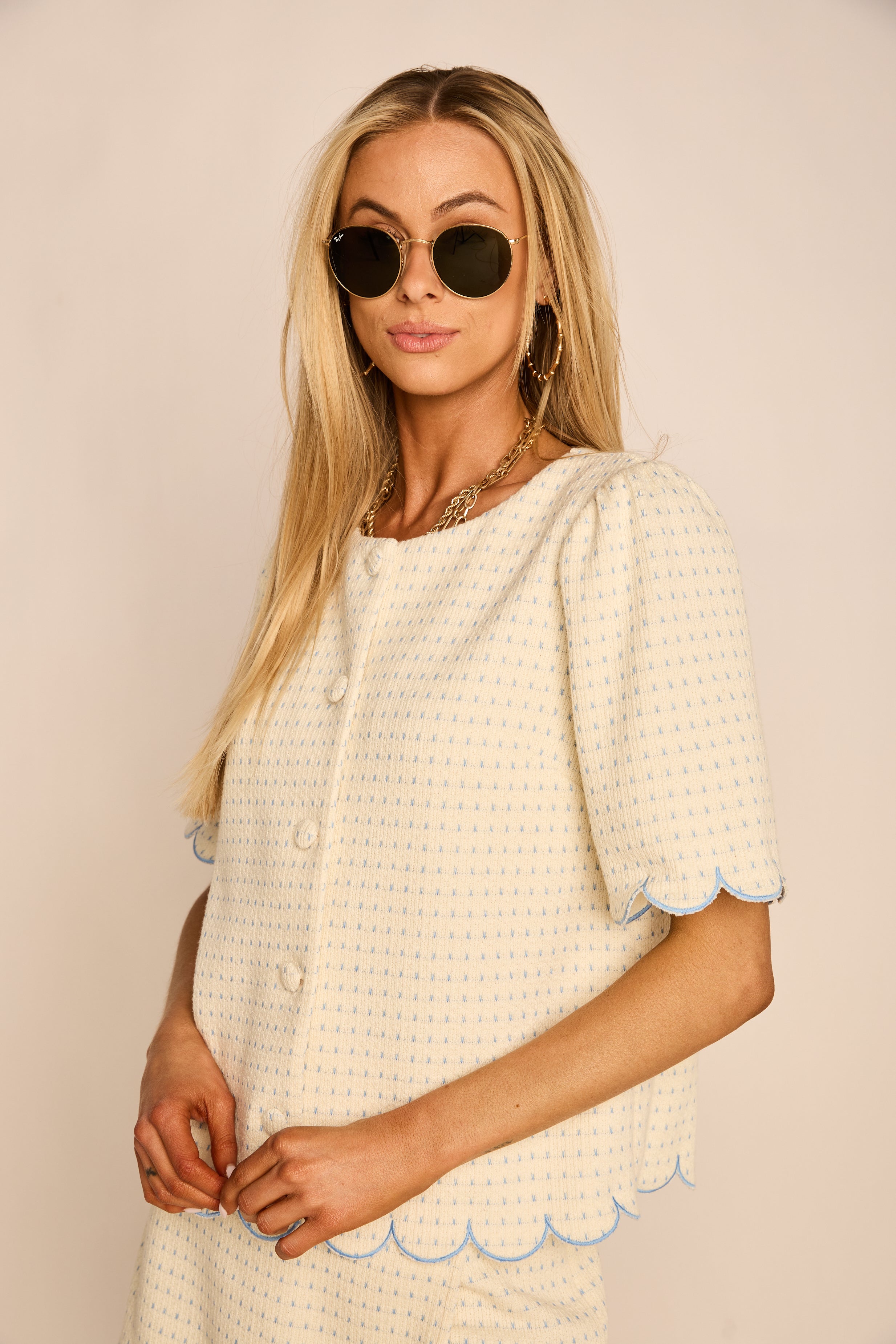 Isabel Embroidered Scallop Detail Button Down Top
