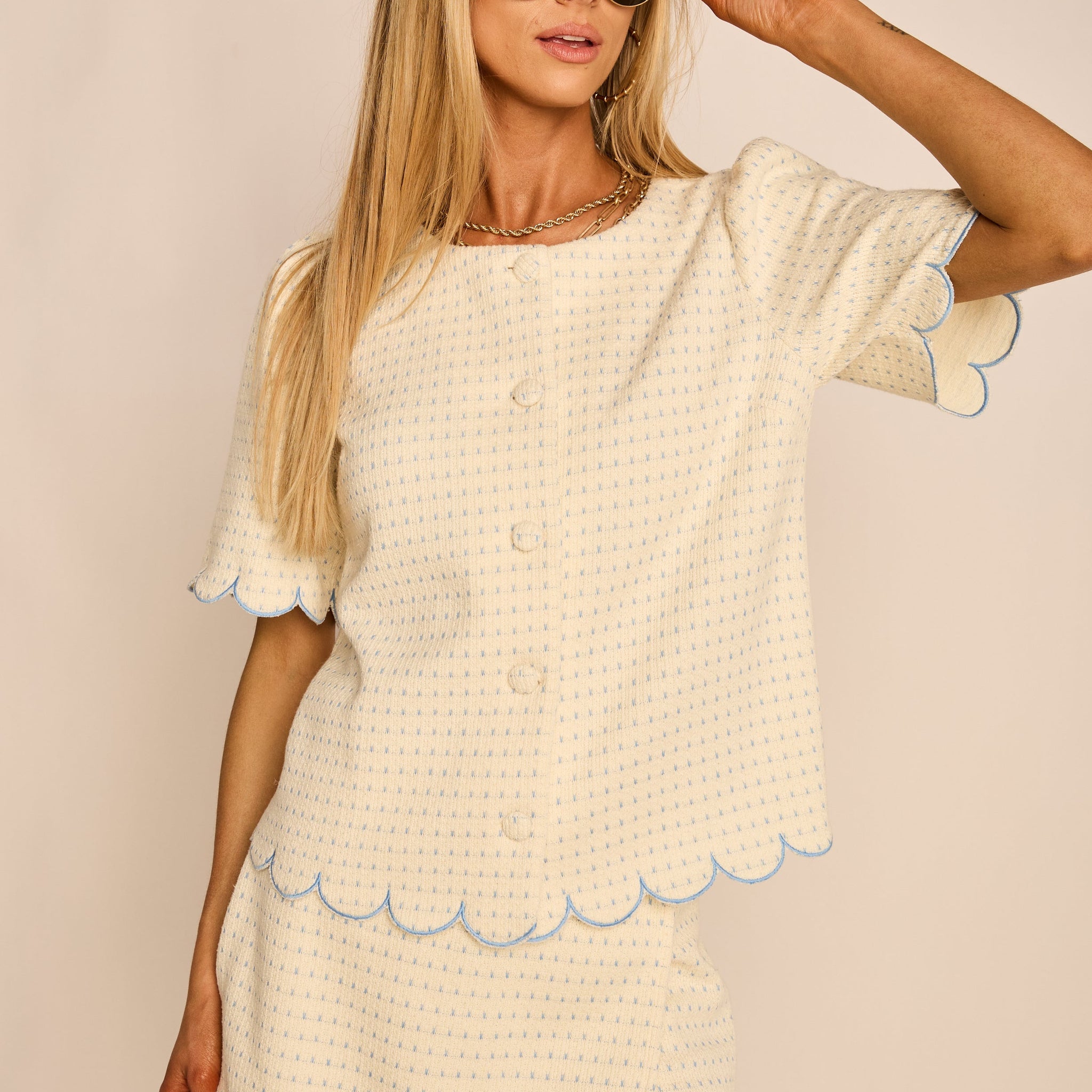 Isabel Embroidered Scallop Detail Button Down Top