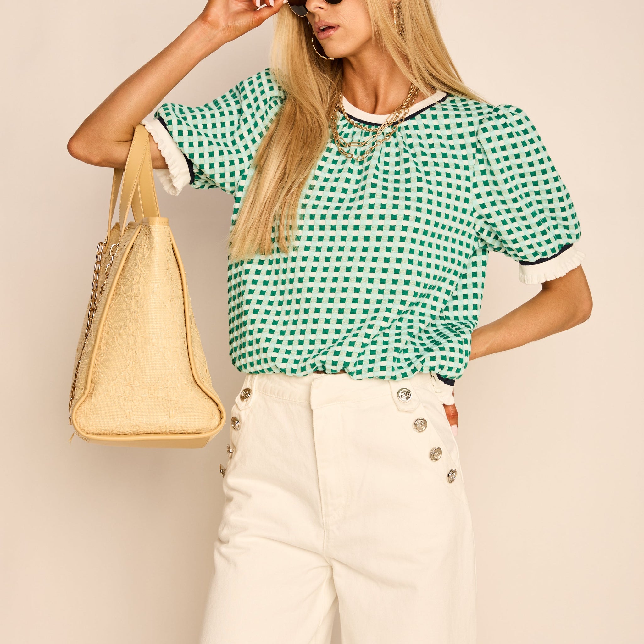 Olsen Puff Sleeve Plaid Knit Top