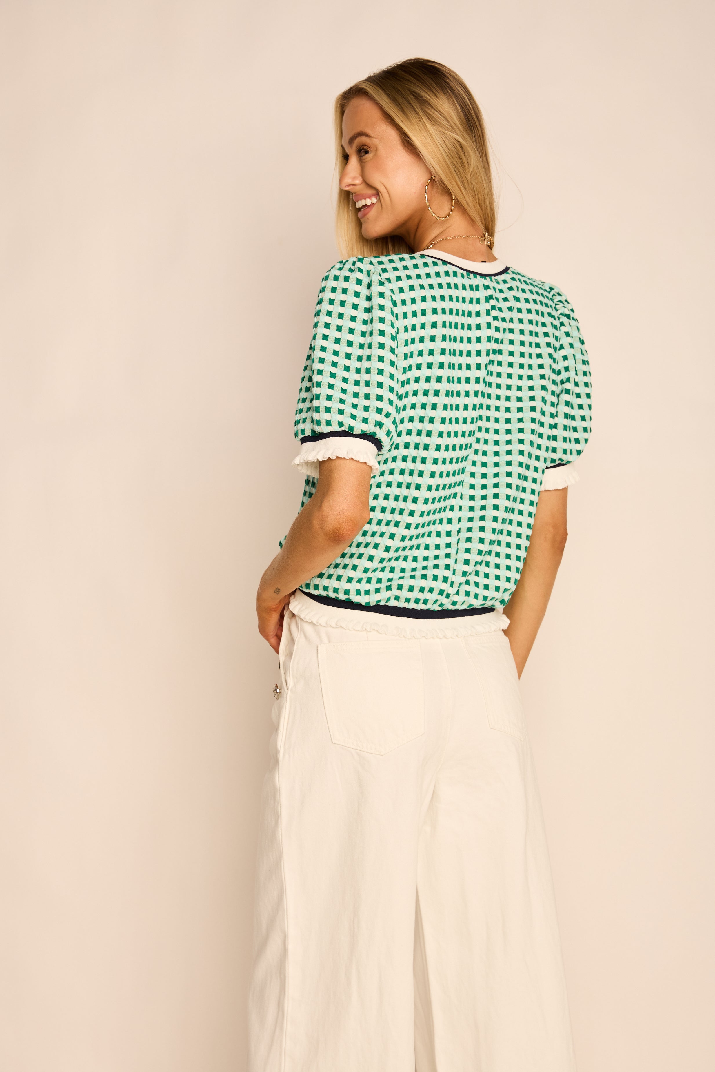 Olsen Puff Sleeve Plaid Knit Top