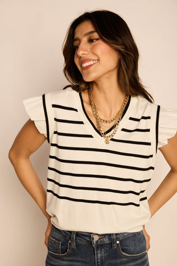 Lia Striped Ruffle Sleeve Knit Top