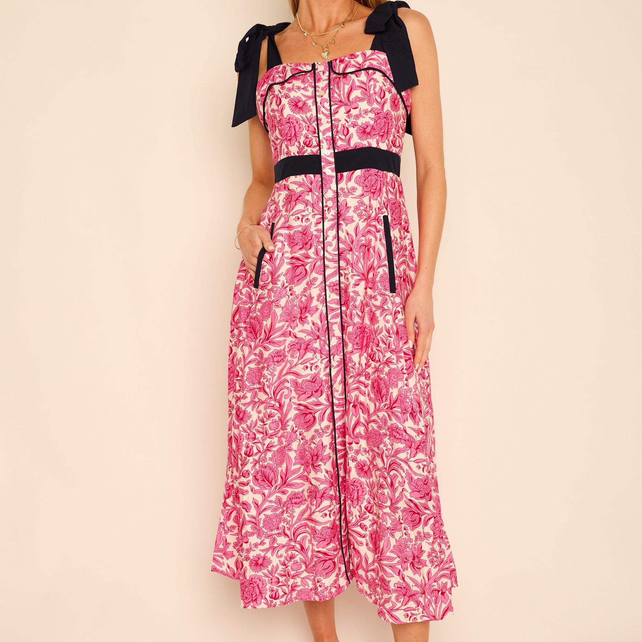 Gabrielle Tie Shoulder Button Up Midi Dress