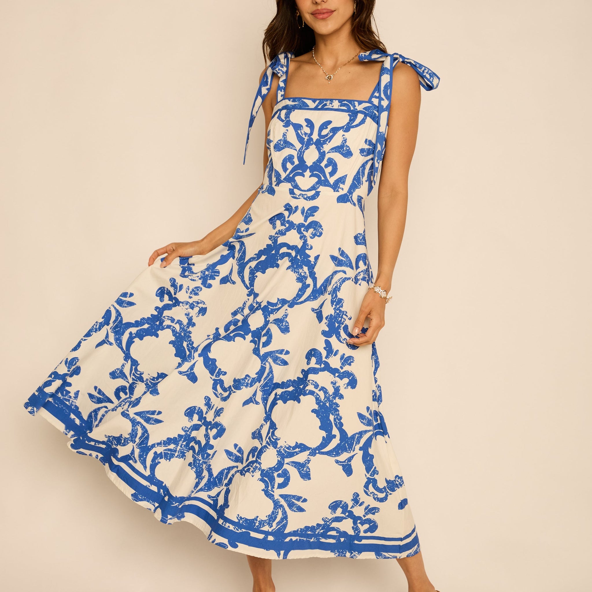 Jamie Printed Tie Shoulder Midi Dress