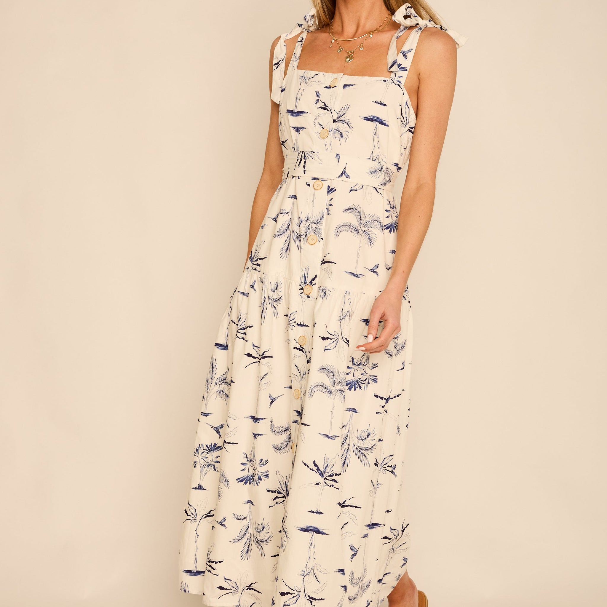 Raya Printed Tie Shoulder Midi Dress