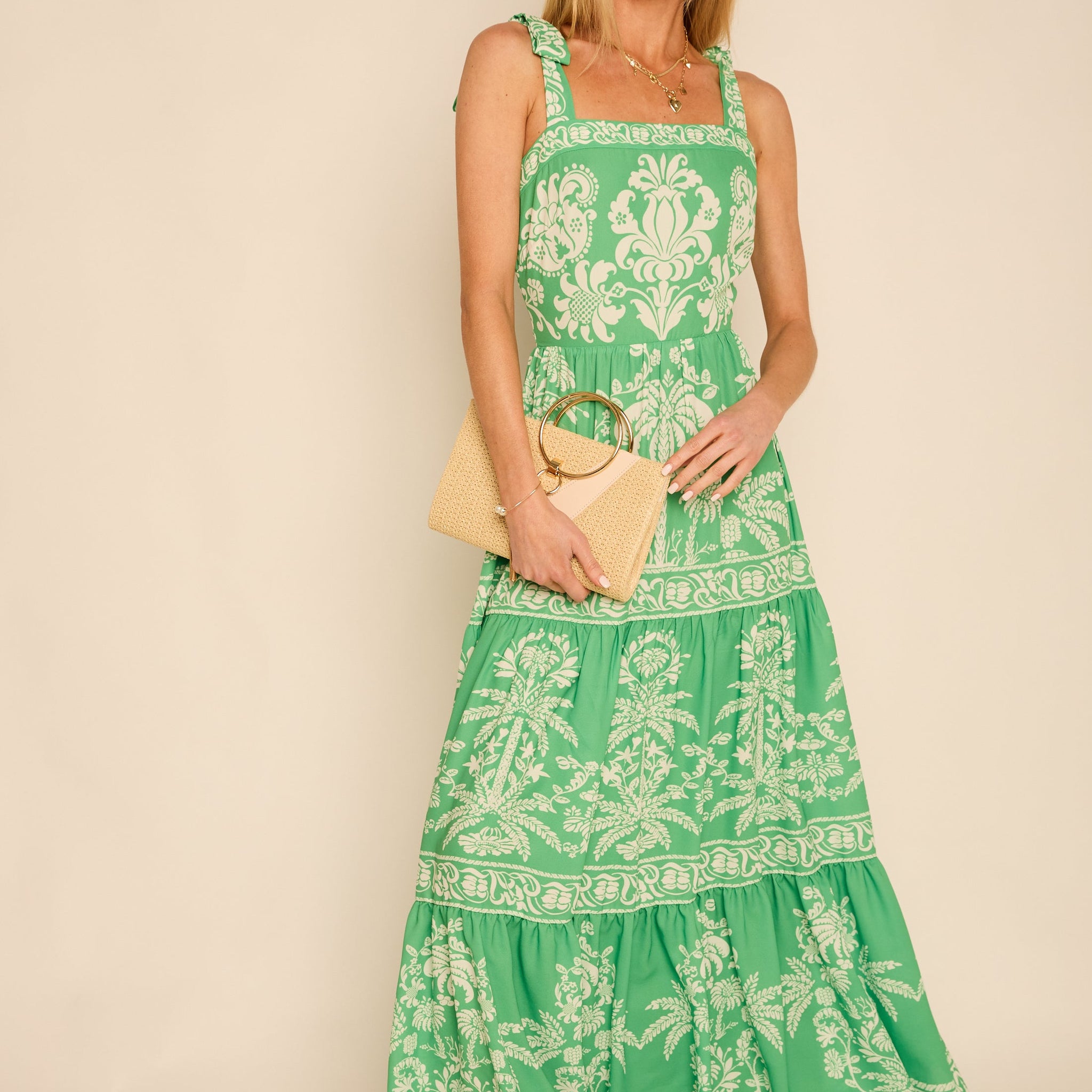 Grayson Printed Tie Shoulder Tiered Maxi Dress