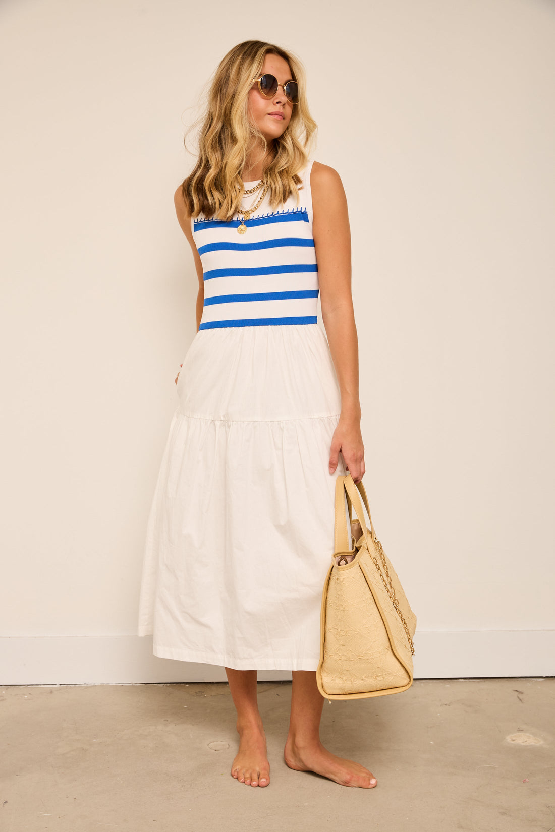 Shelly Mixed Media Stripe Tiered Midi Dress