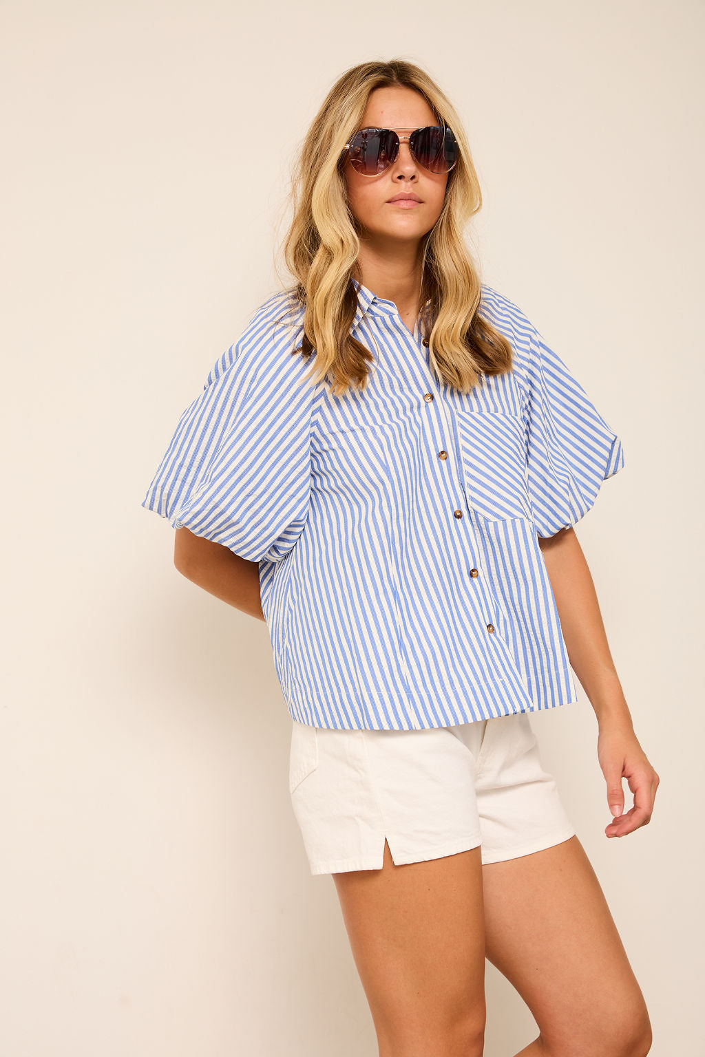 Remi Balloon Sleeve Button Front Top