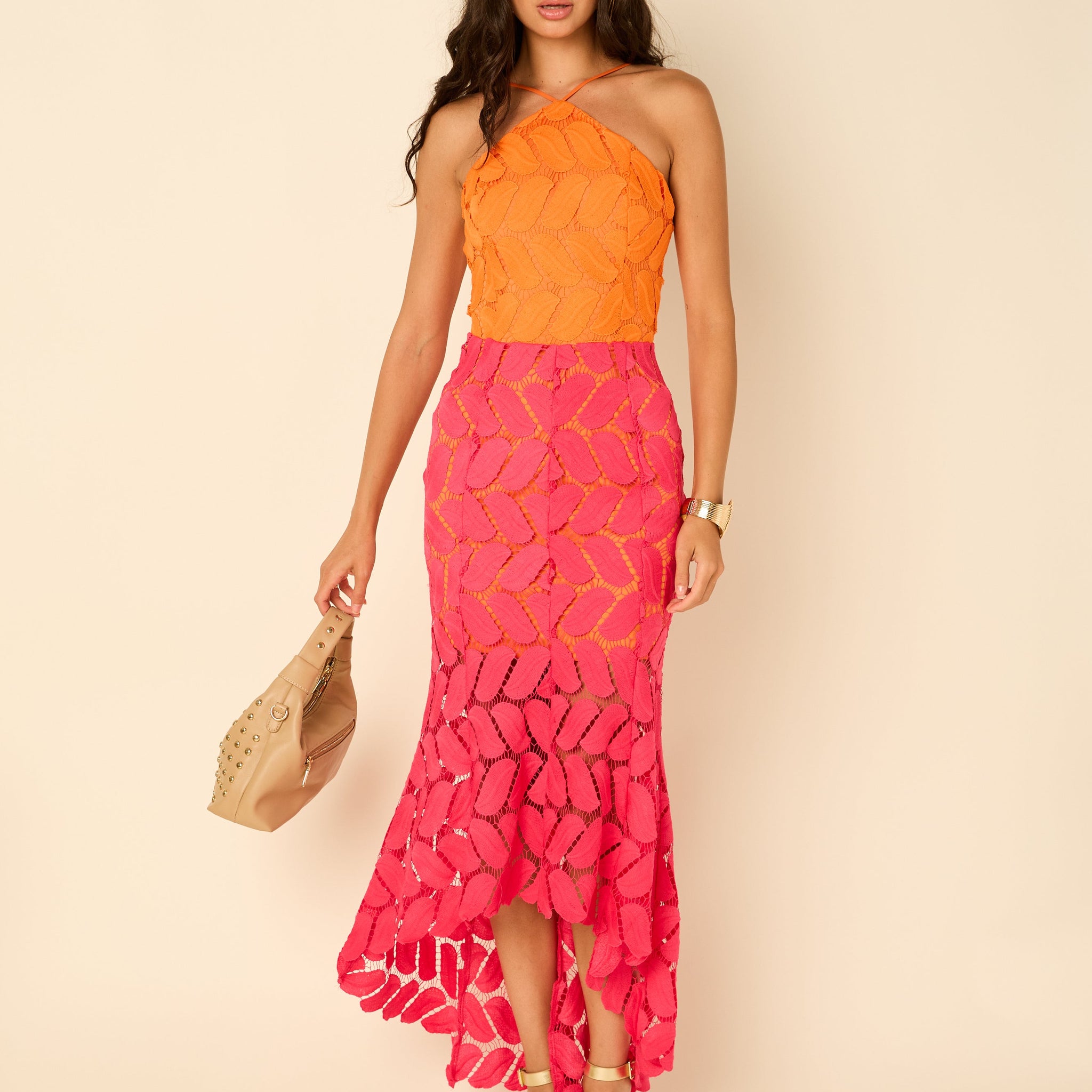 Lawrence Colorblock Crochet Leaf Maxi Dress
