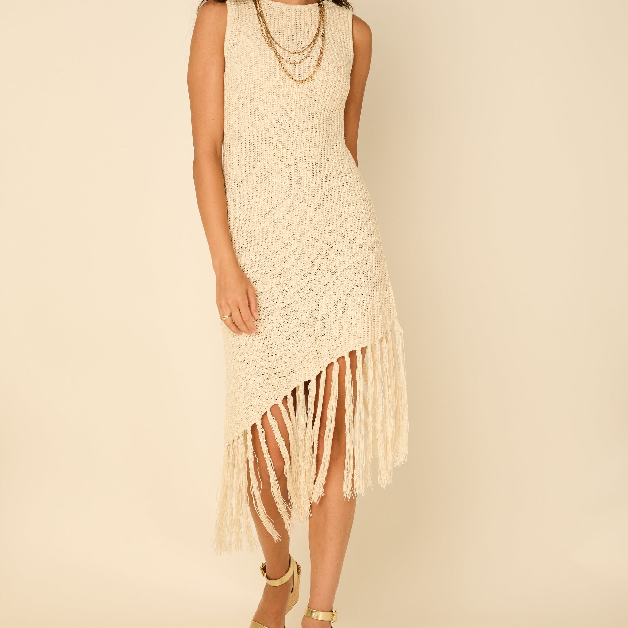 Lola Fringed Asymmetrical Hem Knit Midi Dress