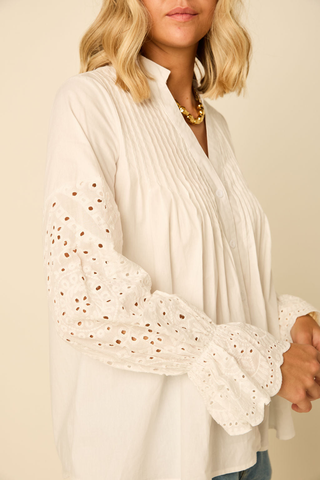 Iris Eyelet Button Down V-Neck Blouse