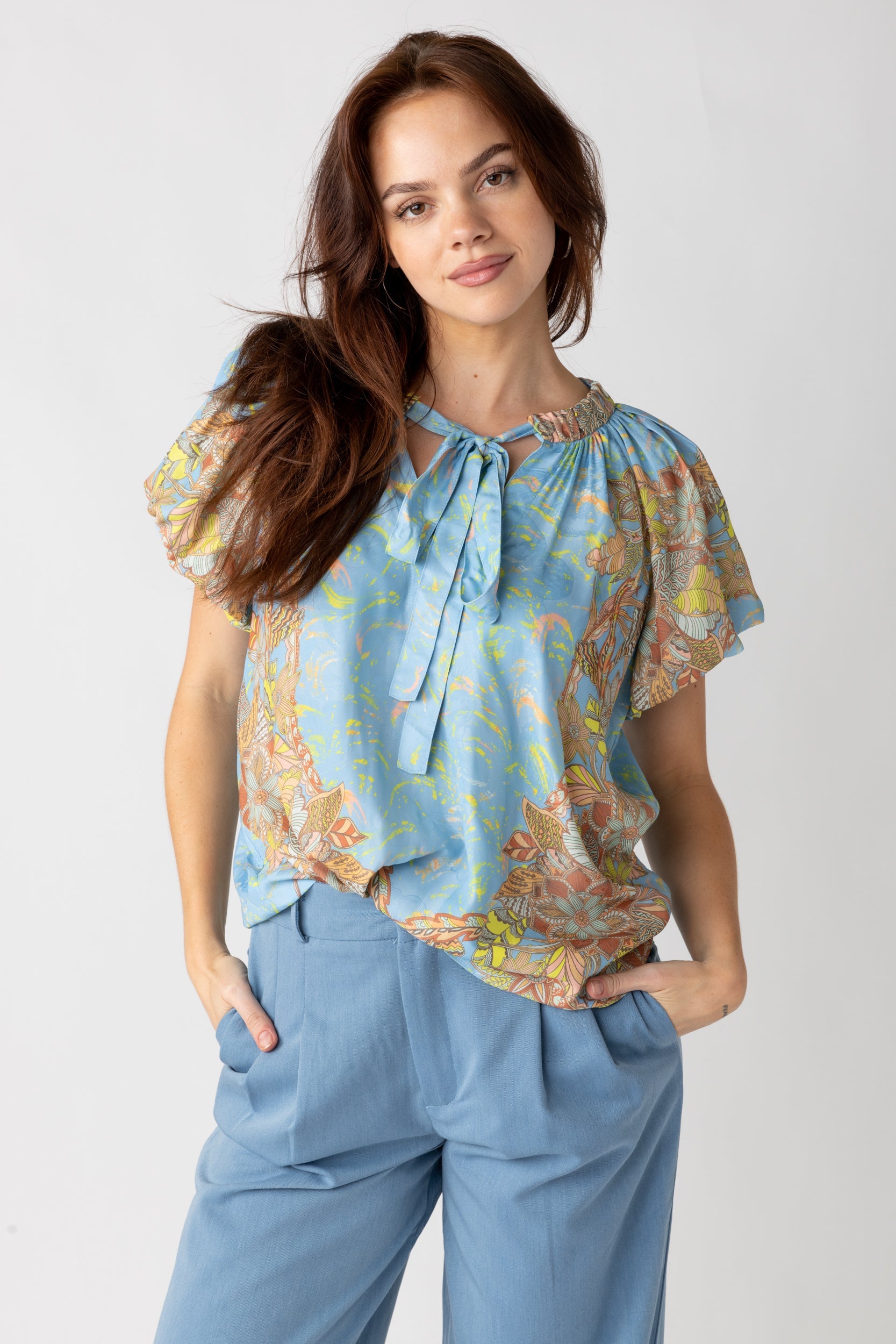 SALE - Destin Printed V Neck Blouse