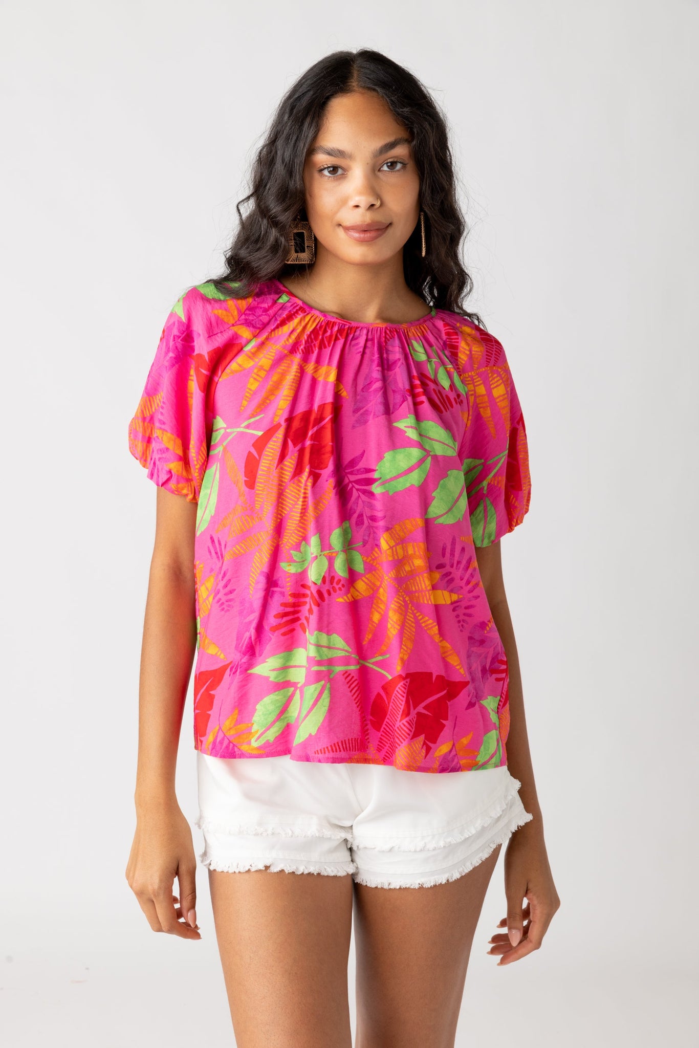 SALE - Patti Tropical Print Bubble Sleeve Blouse