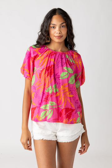 SALE - Patti Tropical Print Bubble Sleeve Blouse