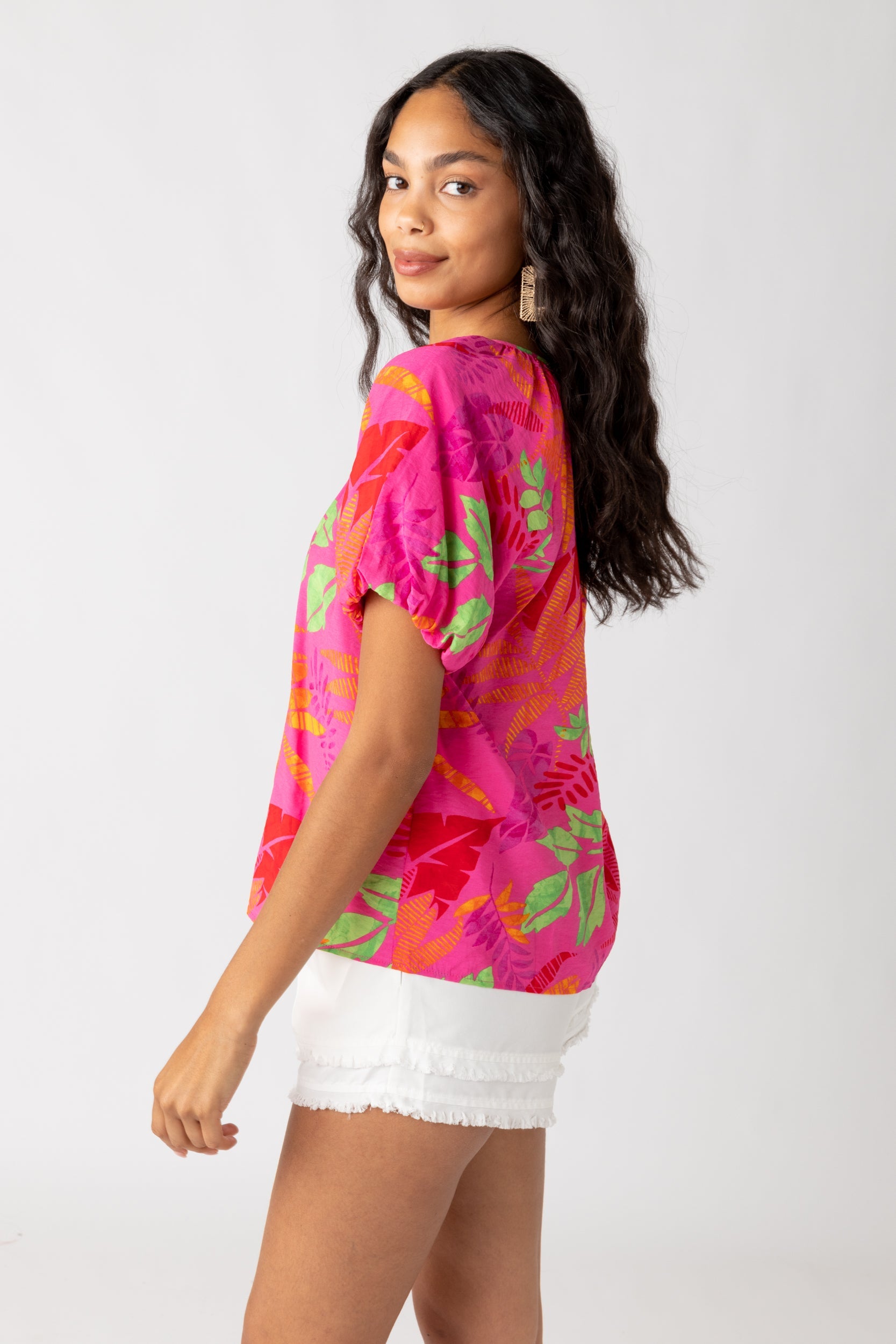 SALE - Patti Tropical Print Bubble Sleeve Blouse