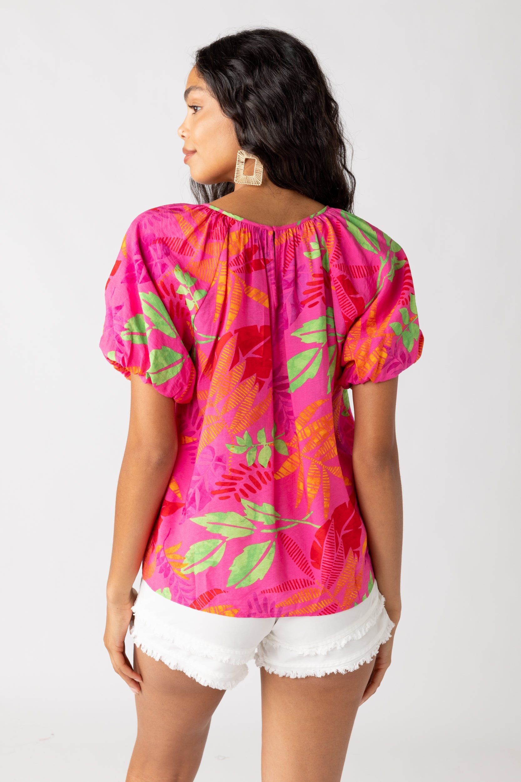 SALE - Patti Tropical Print Bubble Sleeve Blouse