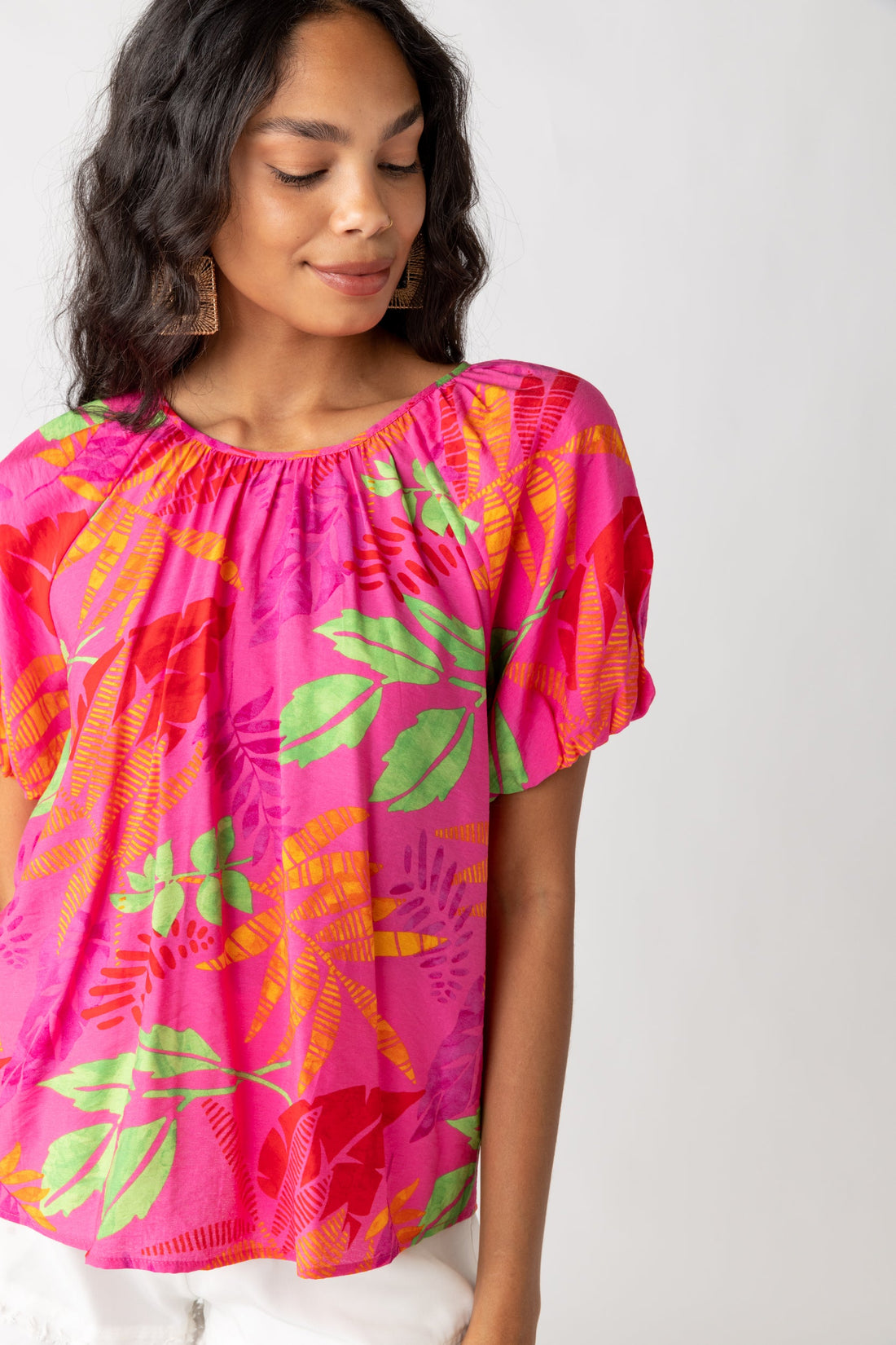 SALE - Patti Tropical Print Bubble Sleeve Blouse