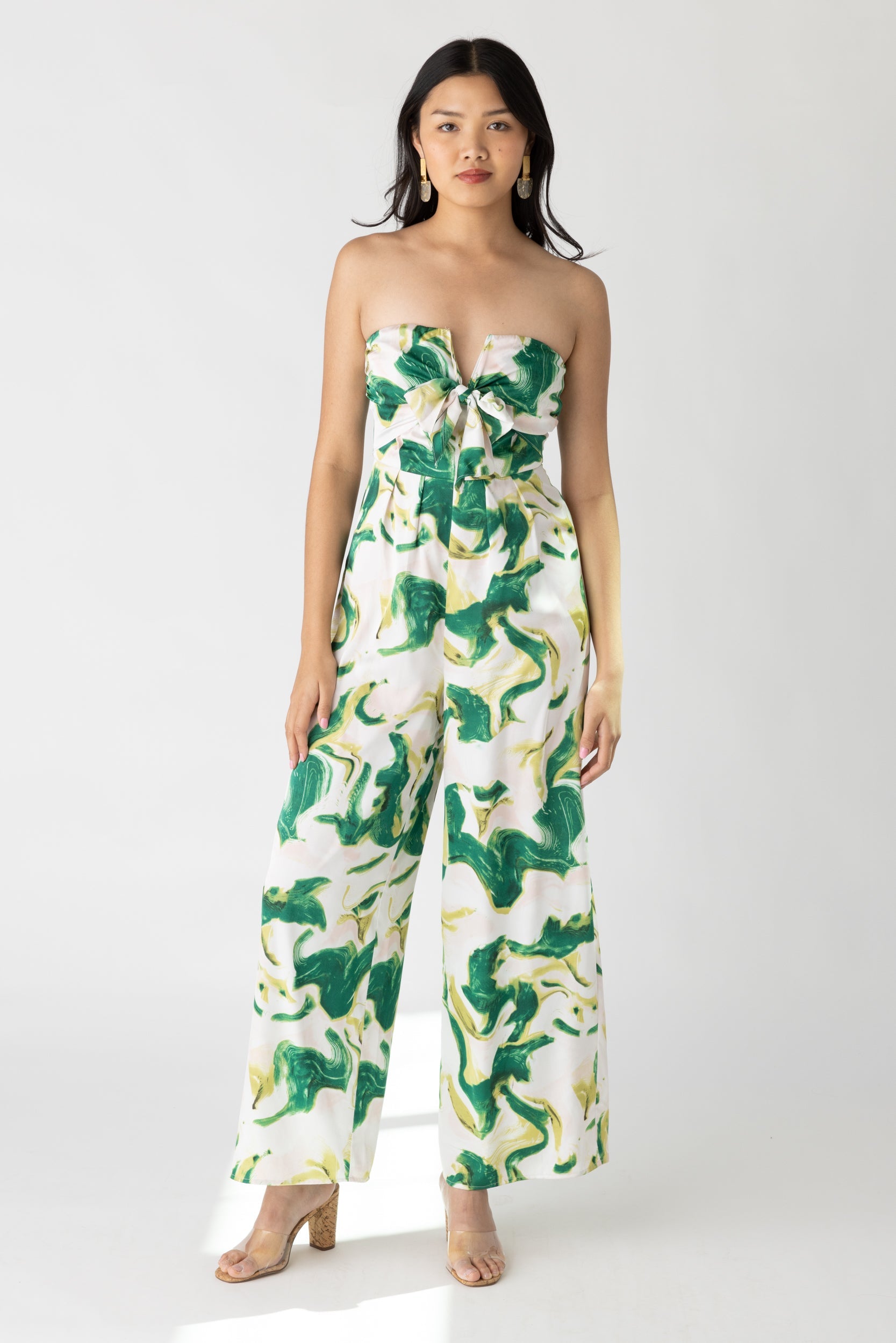 Cece Printed Front Tie Strapless Jumpsuit