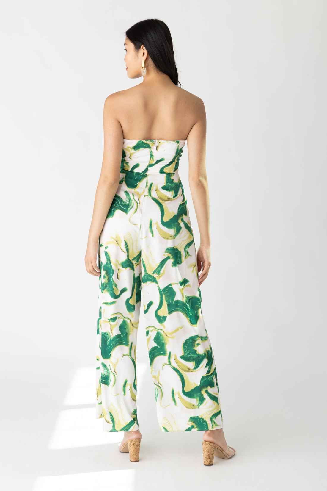 Cece Printed Front Tie Strapless Jumpsuit