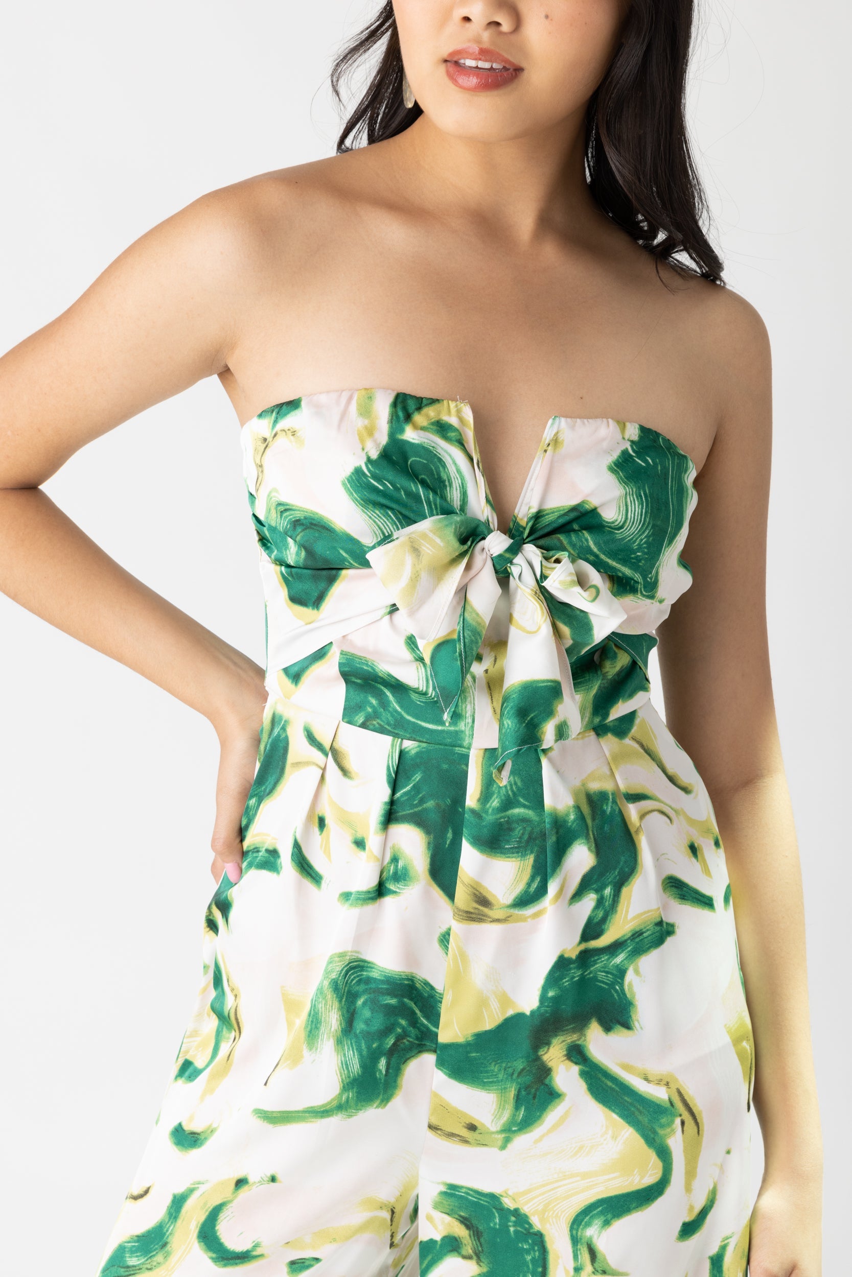 Cece Printed Front Tie Strapless Jumpsuit